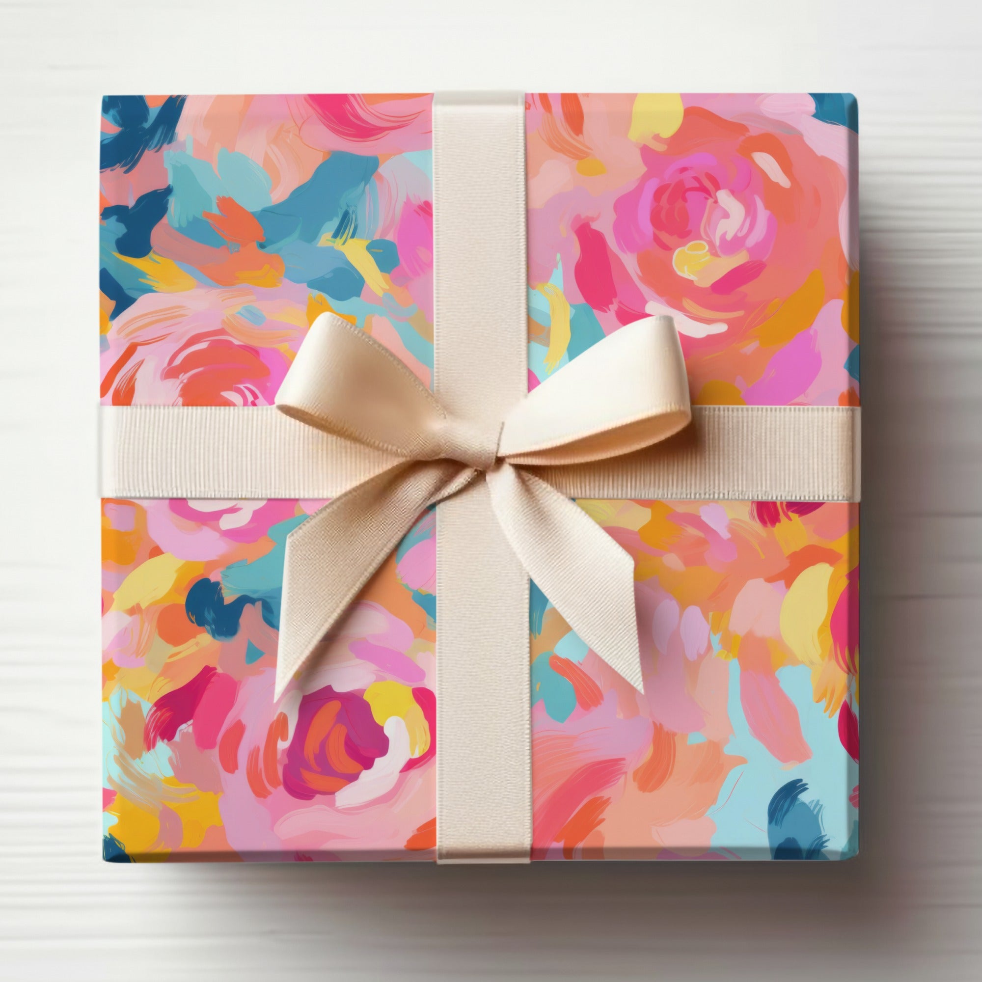 Colorful Floral Gift Wrap with Cream Ribbon Gift Product