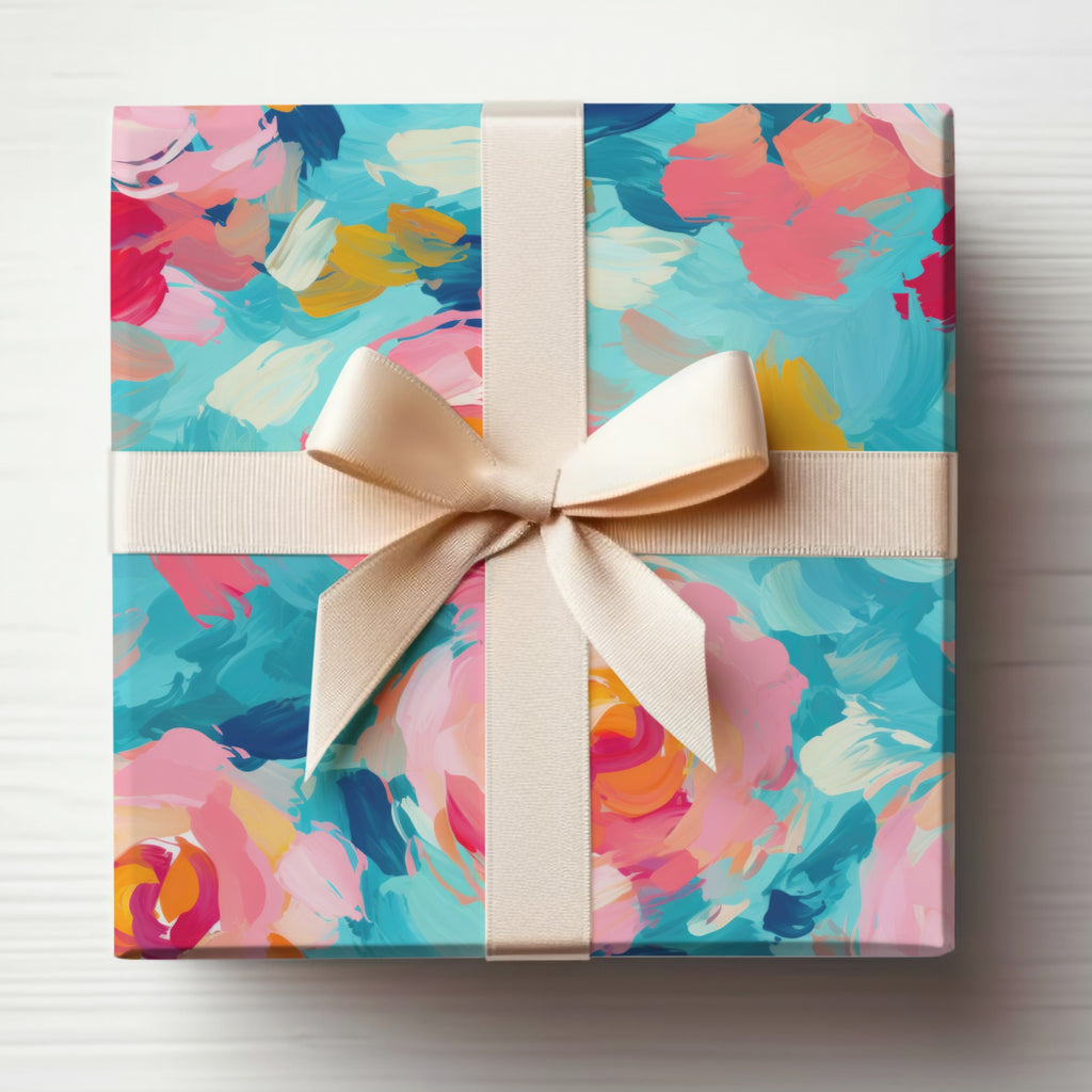 Colorful Abstract Floral Gift Wrap with Cream Ribbon Box