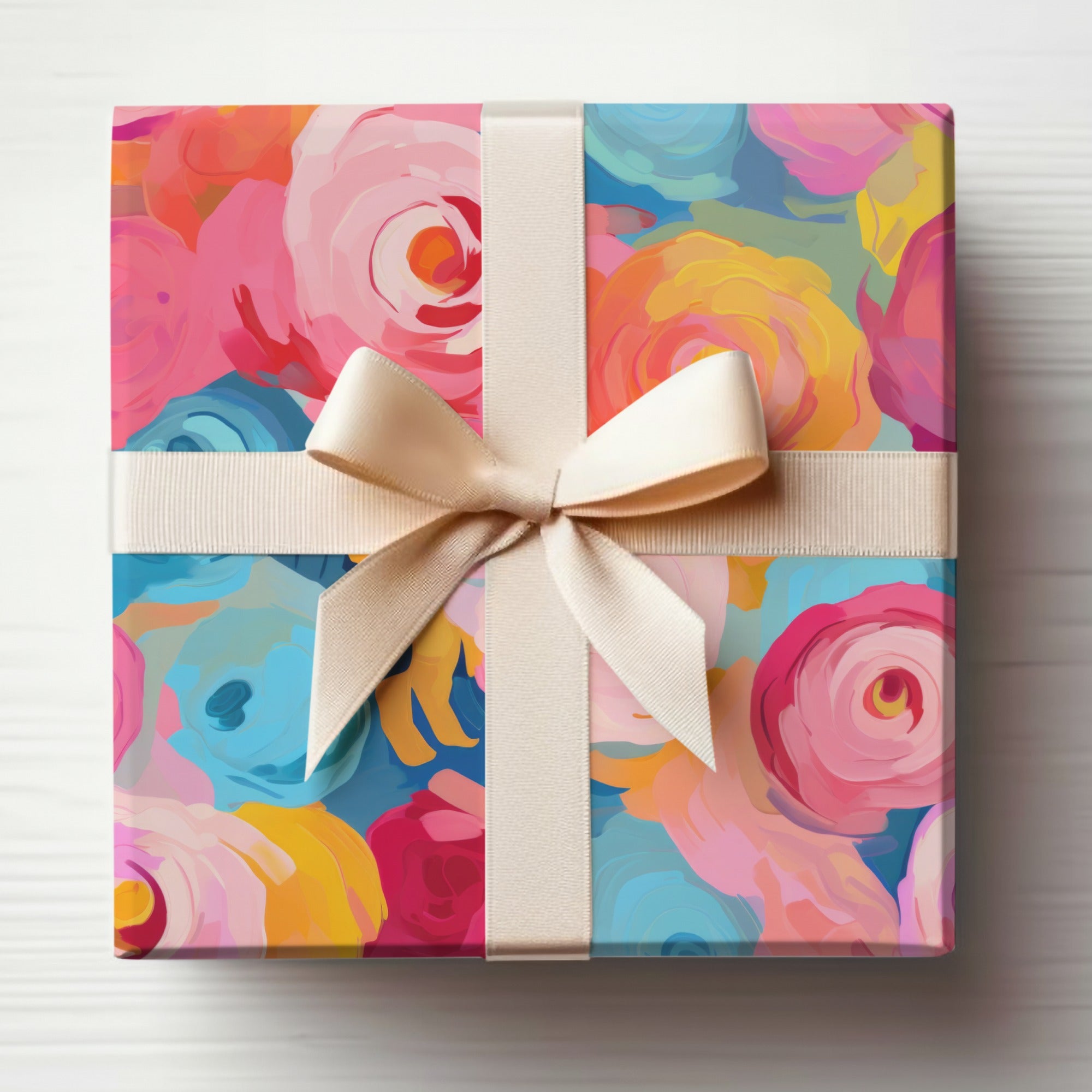 Colorful Floral Pattern Gift Box with Creamy Ribbon Bow