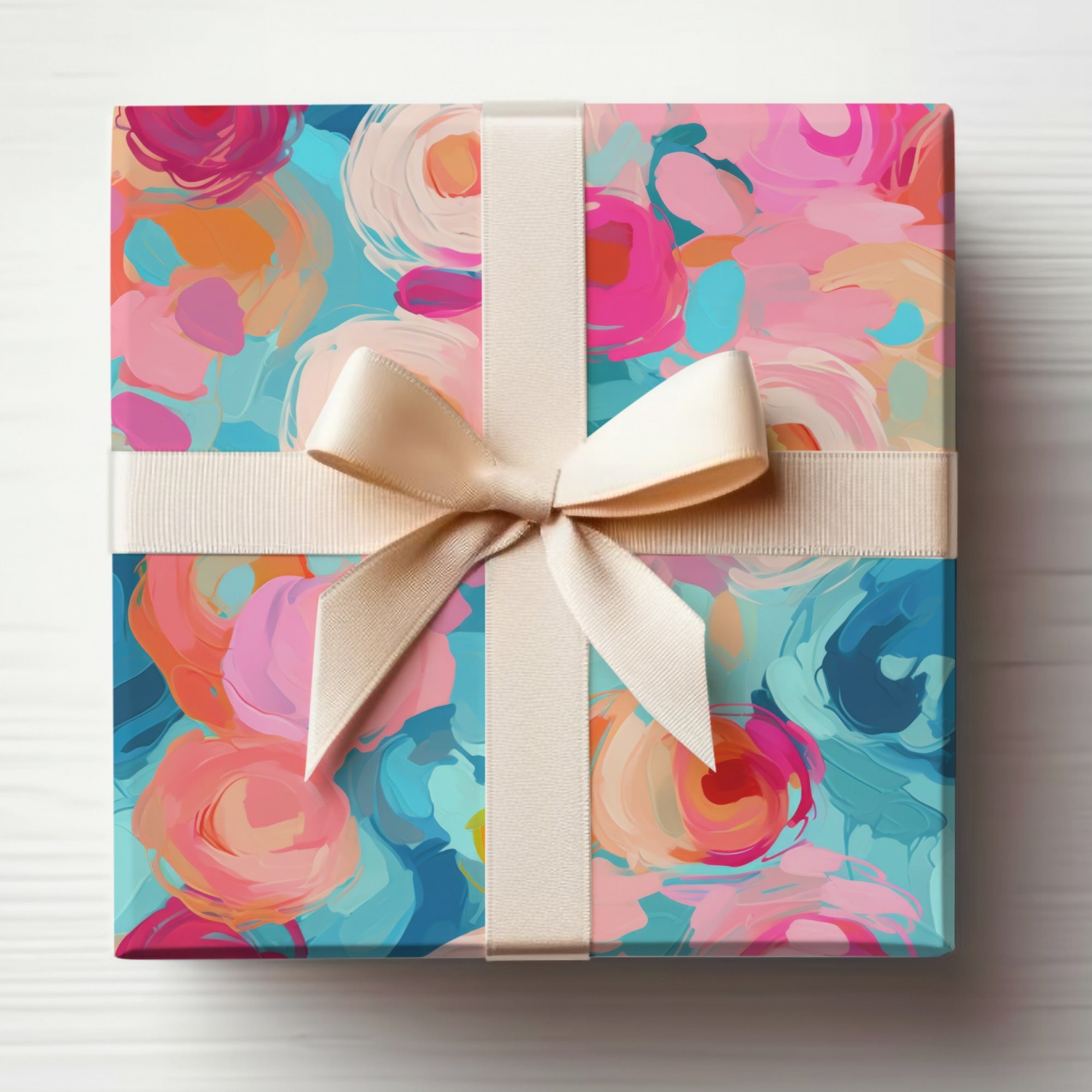 Vibrant Floral Gift Wrap with Elegant Cream Ribbon