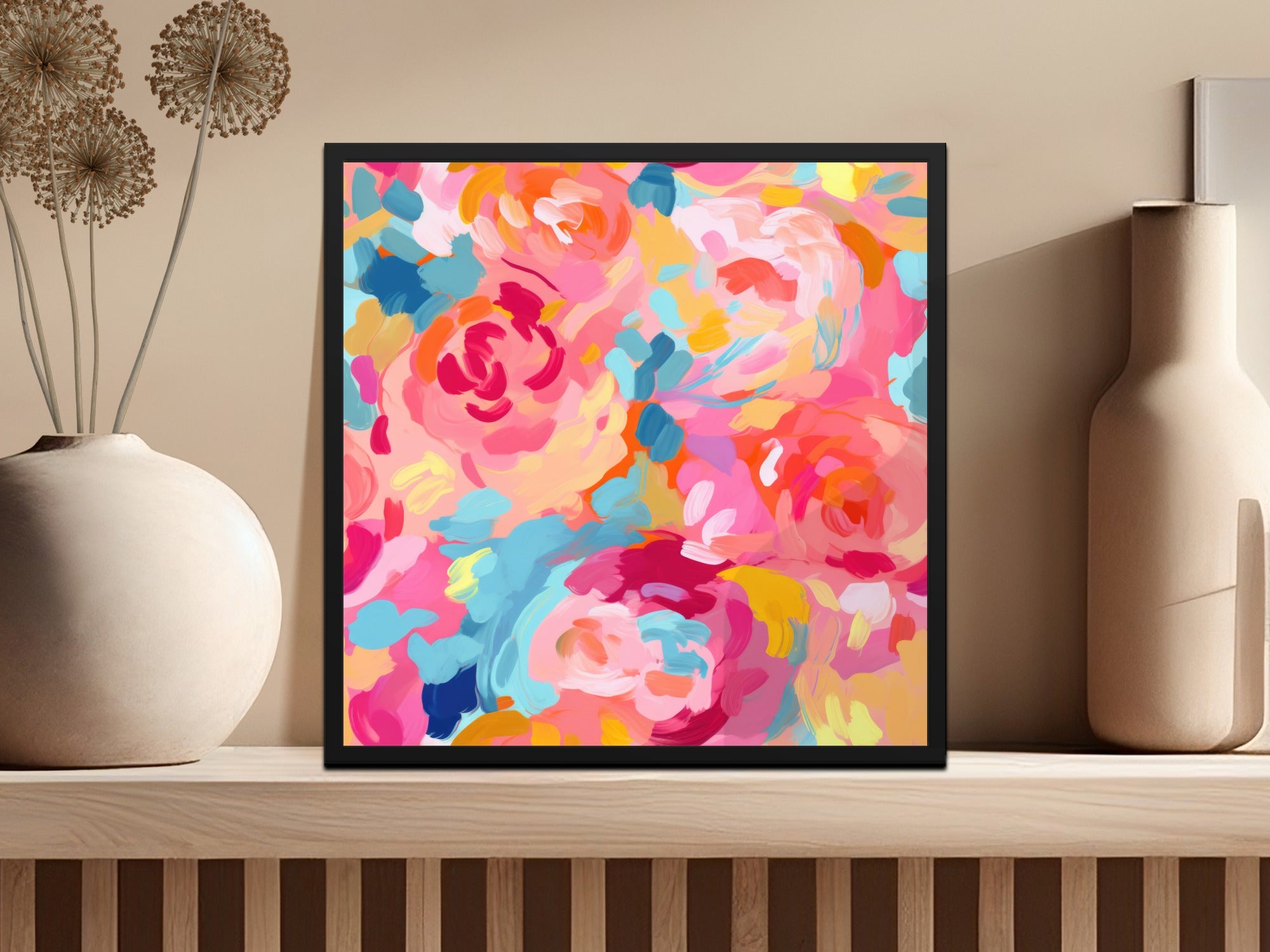 Bright Abstract Floral Painting Framed Artwork Decor