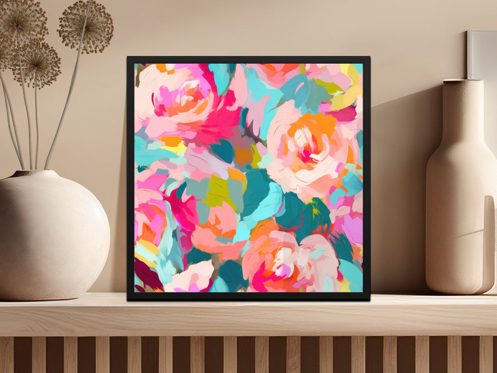 Colorful Abstract Floral Art with Vibrant Pink Orange Print
