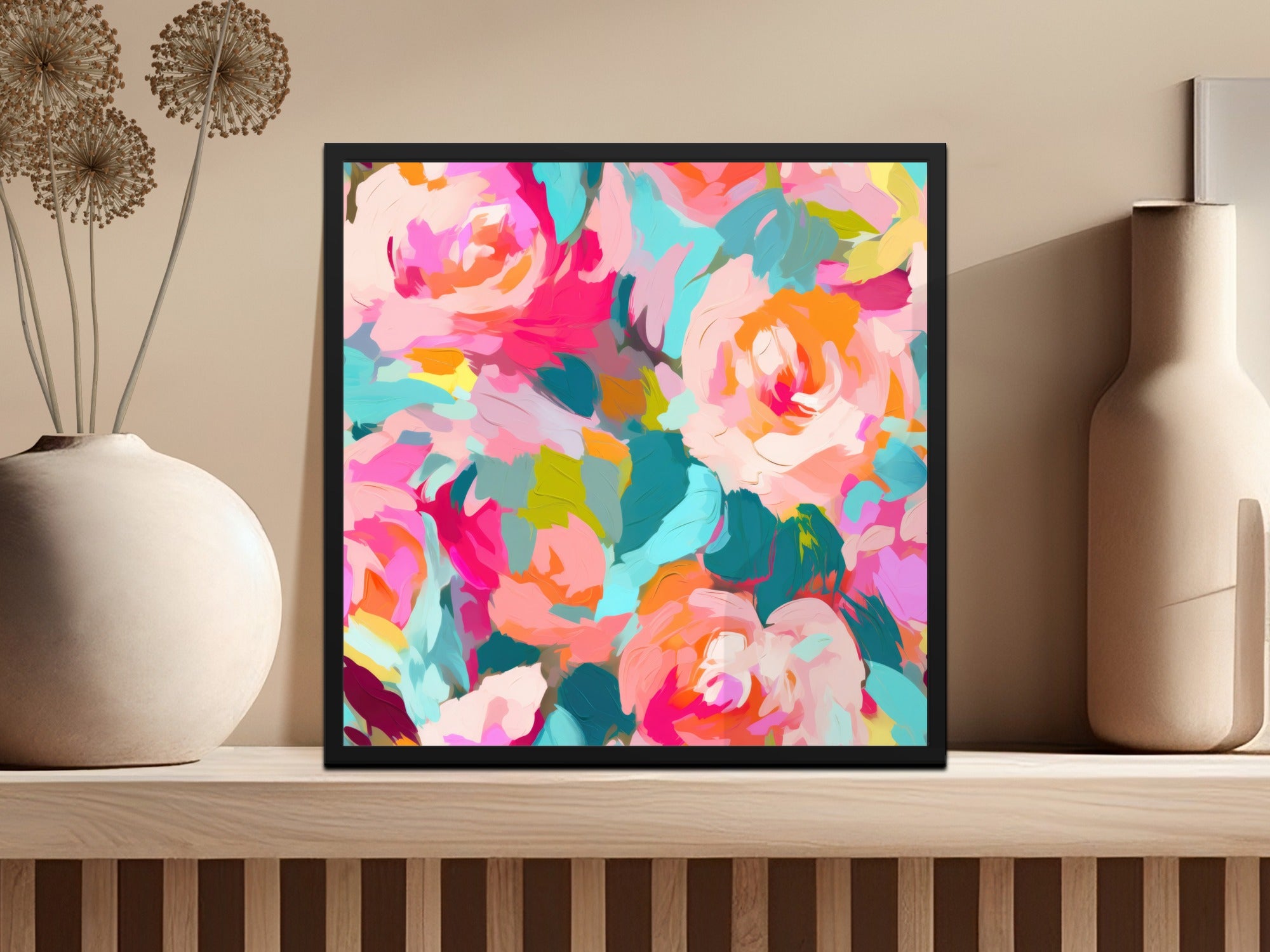 Colorful Abstract Floral Art with Vibrant Pink Orange Print