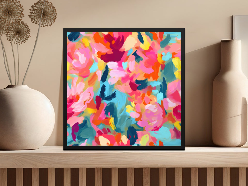 Bright Abstract Floral Art in Black Frame wall art
