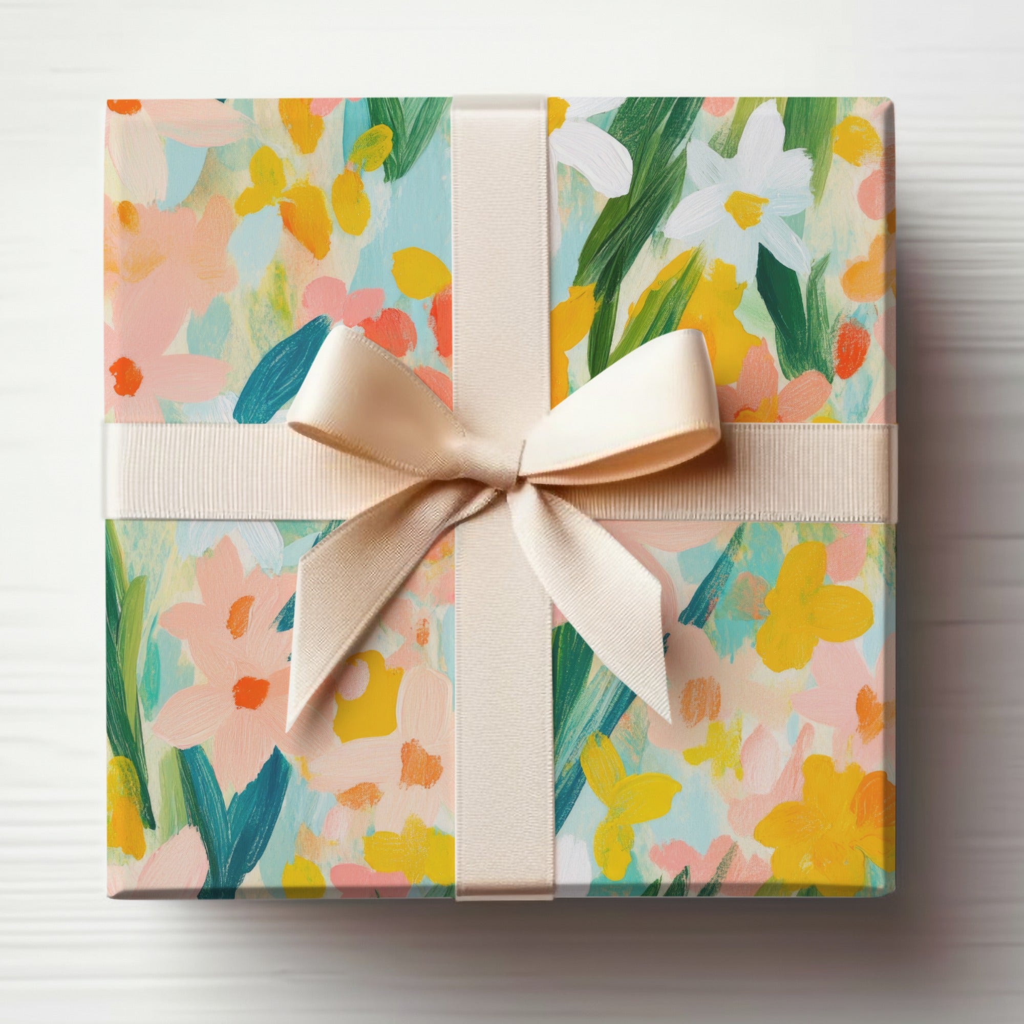 Colorful Floral Design Gift Box with Cream Ribbon