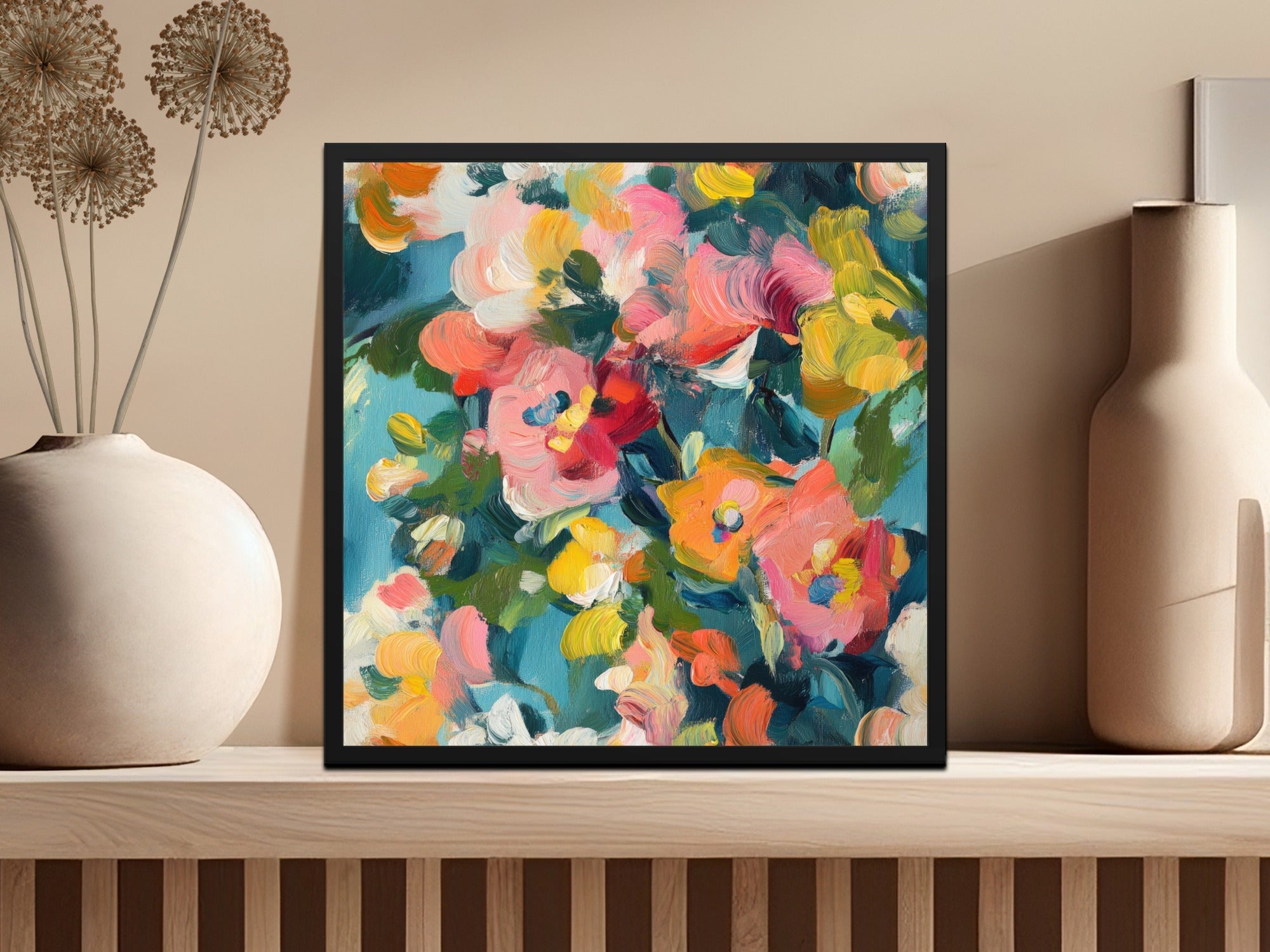 Abstract Floral Painting Digital Print, Blue Pink Yellow Flowers Art, Textured Brushstrokes, Modern Art Download, Printable Wall Art - Moore and Mountain
