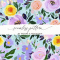 Abstract Floral Seamless Pattern, Light Blue Background Digital Paper, Modern Gouache Painted Flower Digital, Roses Digital Paper - Moore and Mountain