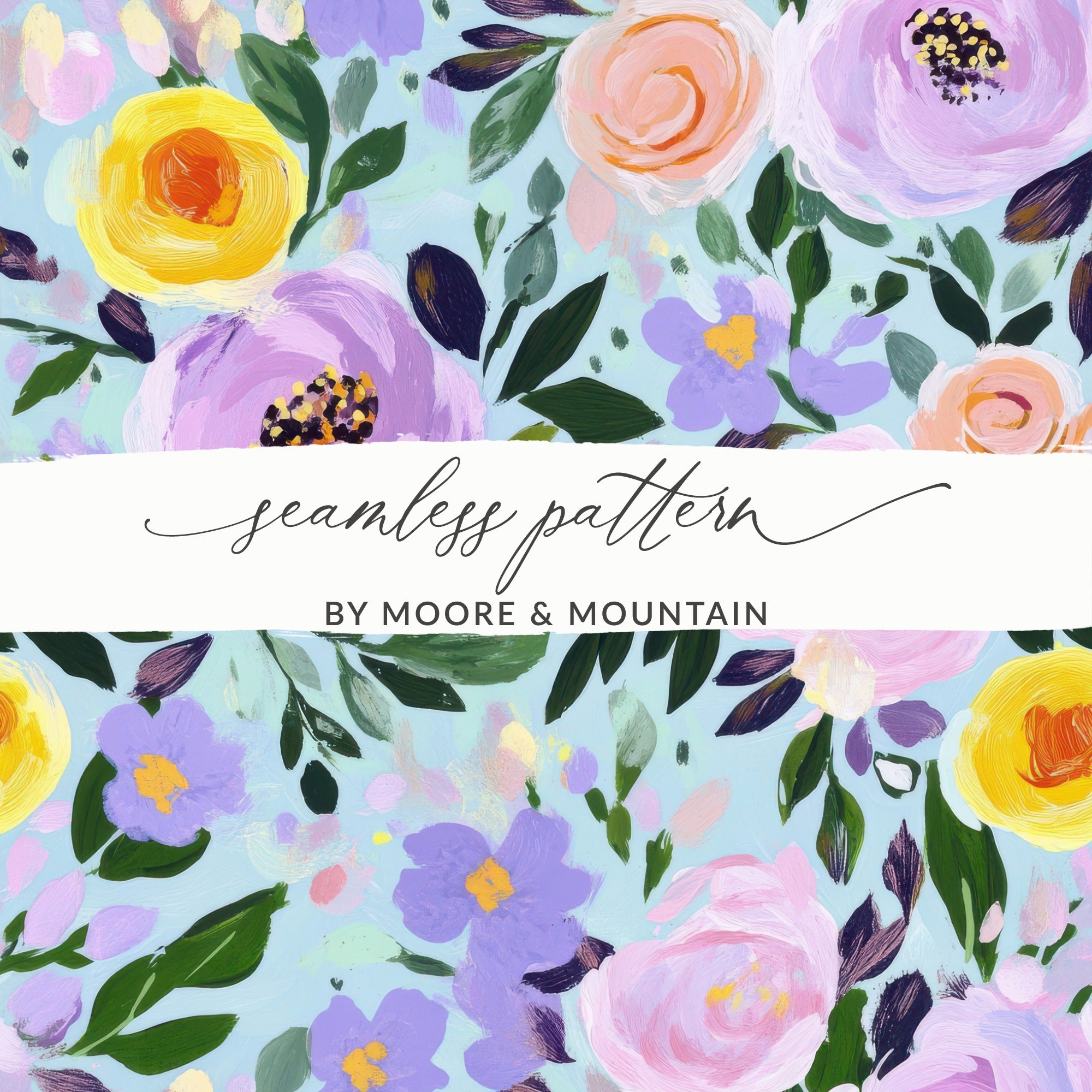 Abstract Floral Seamless Pattern, Light Blue Background Digital Paper, Modern Gouache Painted Flower Digital, Roses Digital Paper - Moore and Mountain