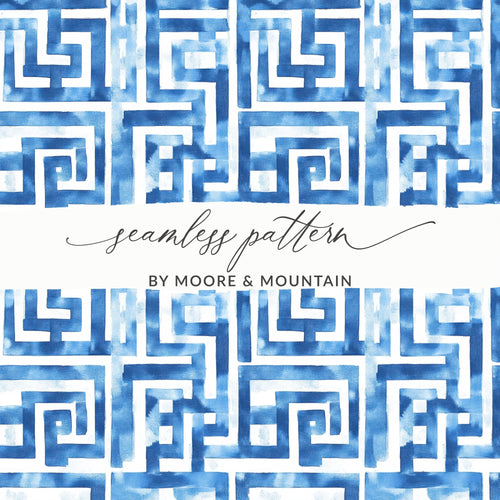 Abstract Indigo Watercolor Greek Key Seamless Pattern Design Digital - Moore and Mountain