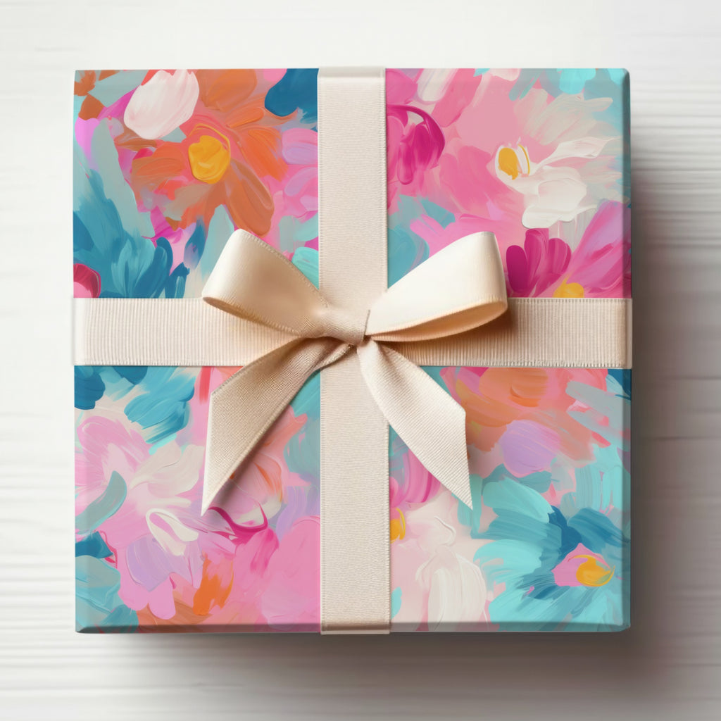 Colorful Floral Gift Wrap with Cream Ribbon Package