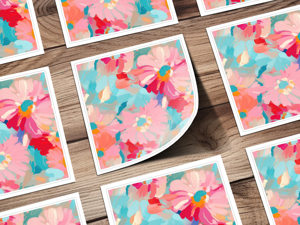 Vibrant Floral Art Print with Bold Pink Blue Hues