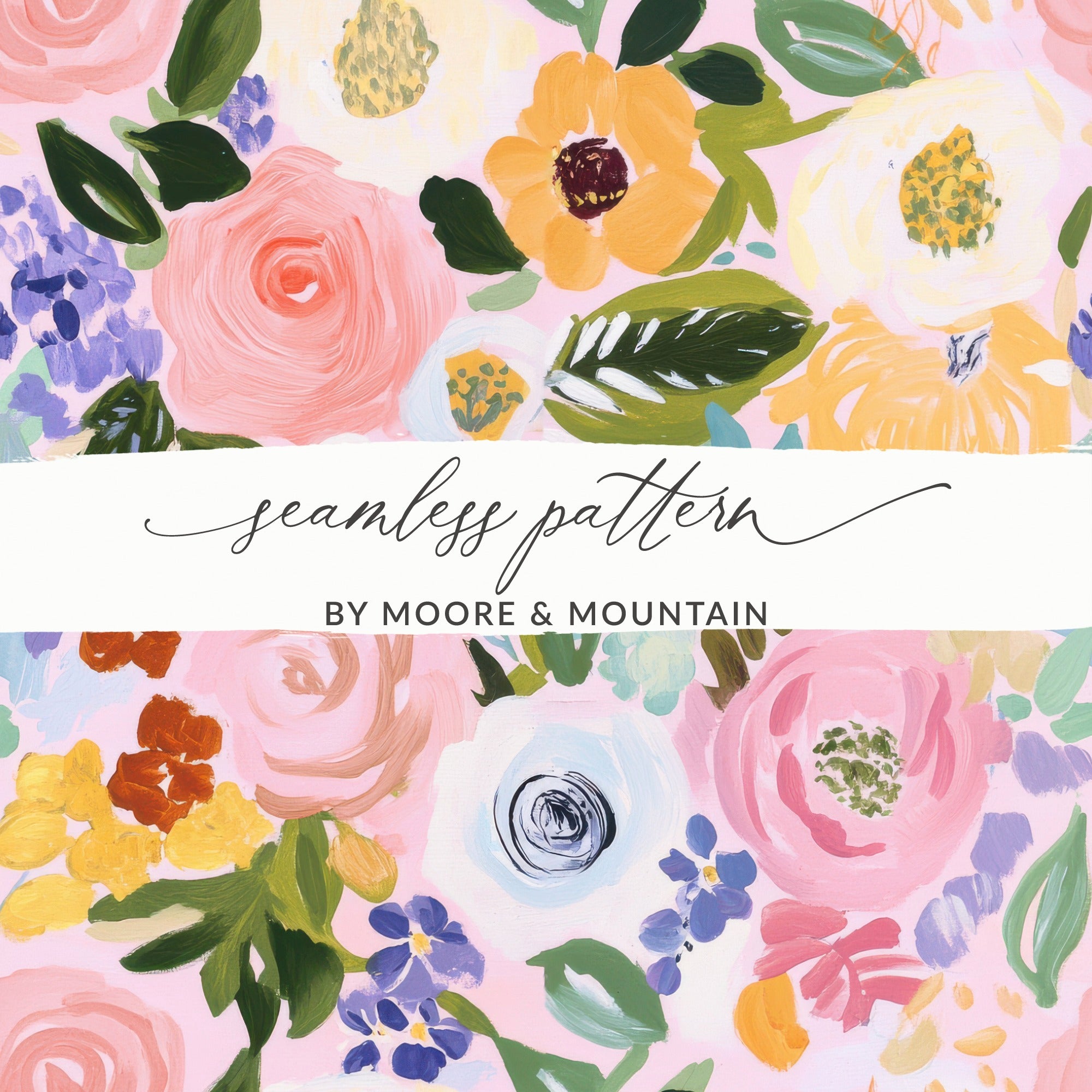 Acrylic Pink Floral Seamless Pattern, Fine Art Floral, Gouache Painted Flowers Digital Paper, Printable Fabric Design, Repeat Pattern - Moore and Mountain