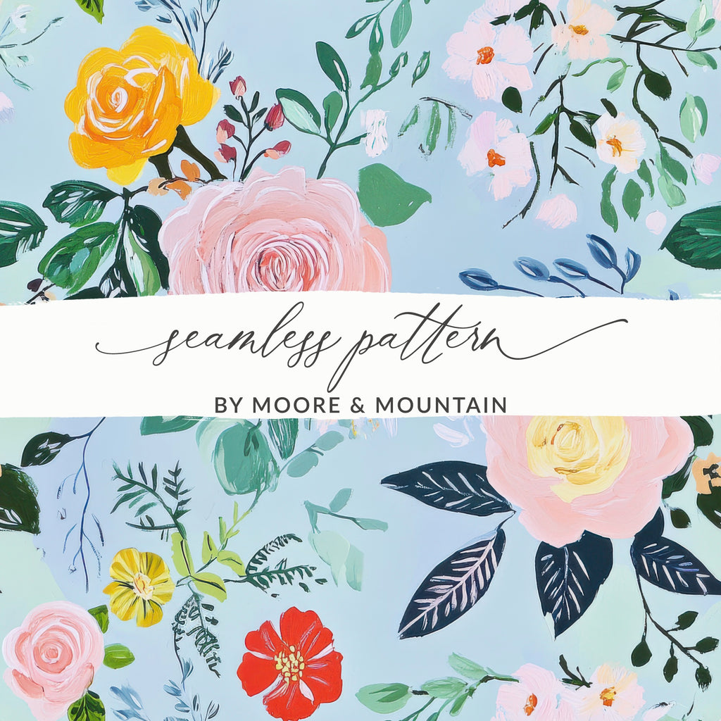 Acrylic Seamless Pattern, Modern Gouache Painted Floral, Blue Floral Digital Paper, Fine Art Floral Print, Fabric Design - Moore and Mountain