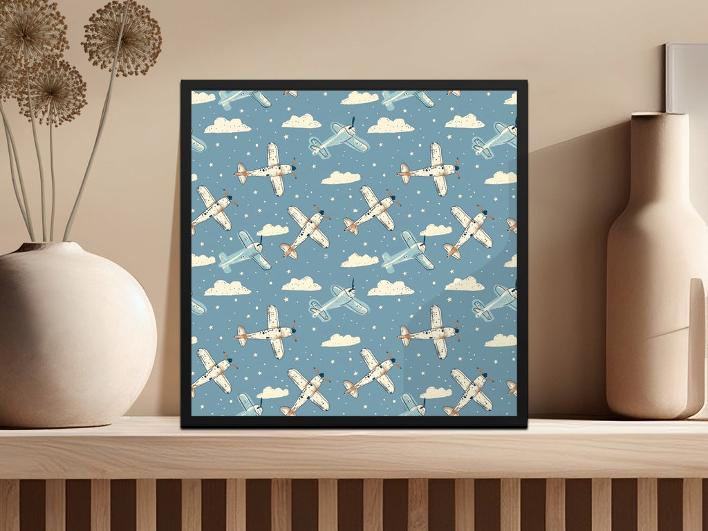 Airplane Digital Paper, Seamless Pattern, Sky Blue Cloud Background, Vintage Aircraft Repeat Pattern, Scrapbooking, Fabric Design - Moore and Mountain