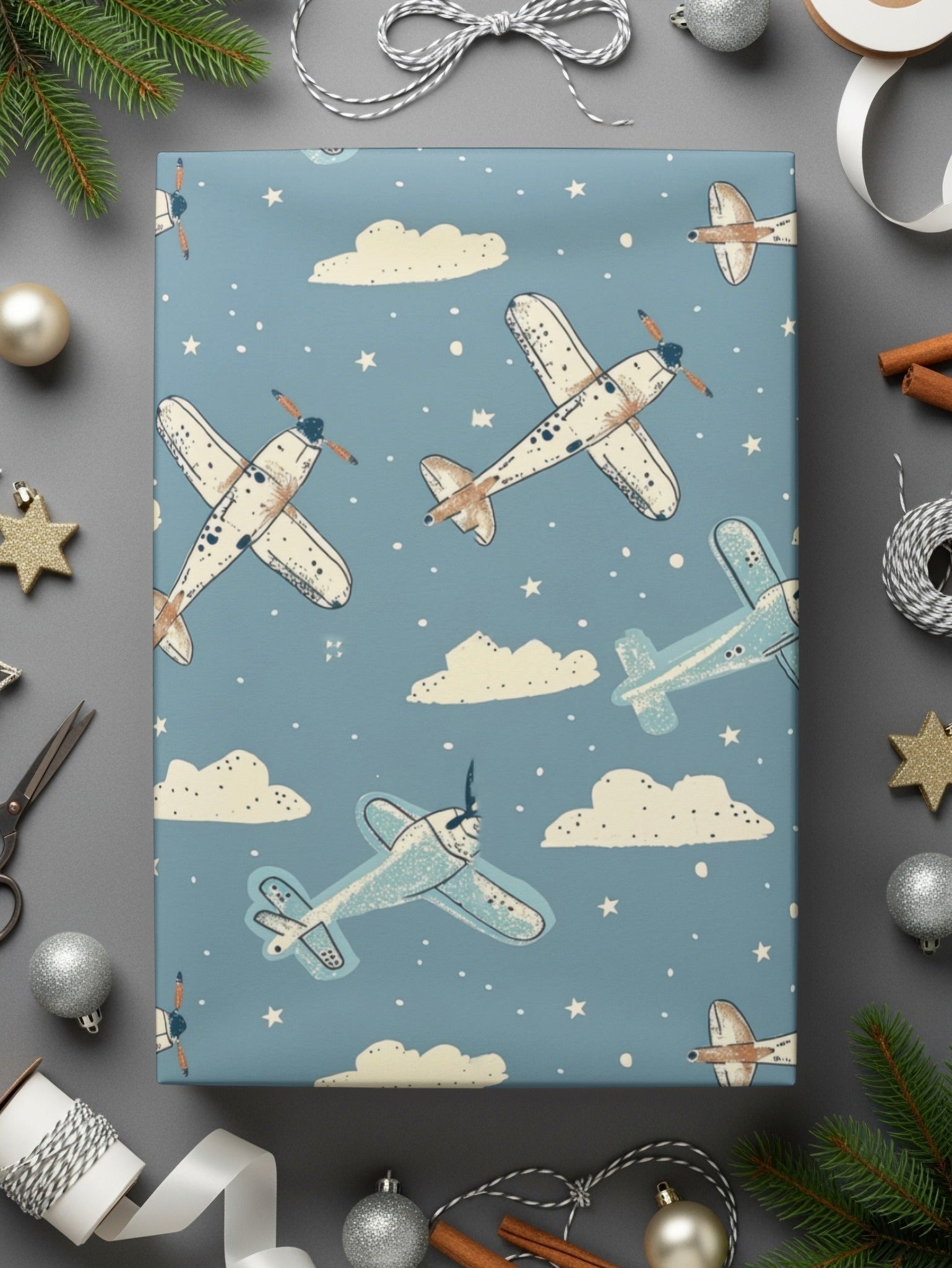 Airplane Digital Paper, Seamless Pattern, Sky Blue Cloud Background, Vintage Aircraft Repeat Pattern, Scrapbooking, Fabric Design - Moore and Mountain