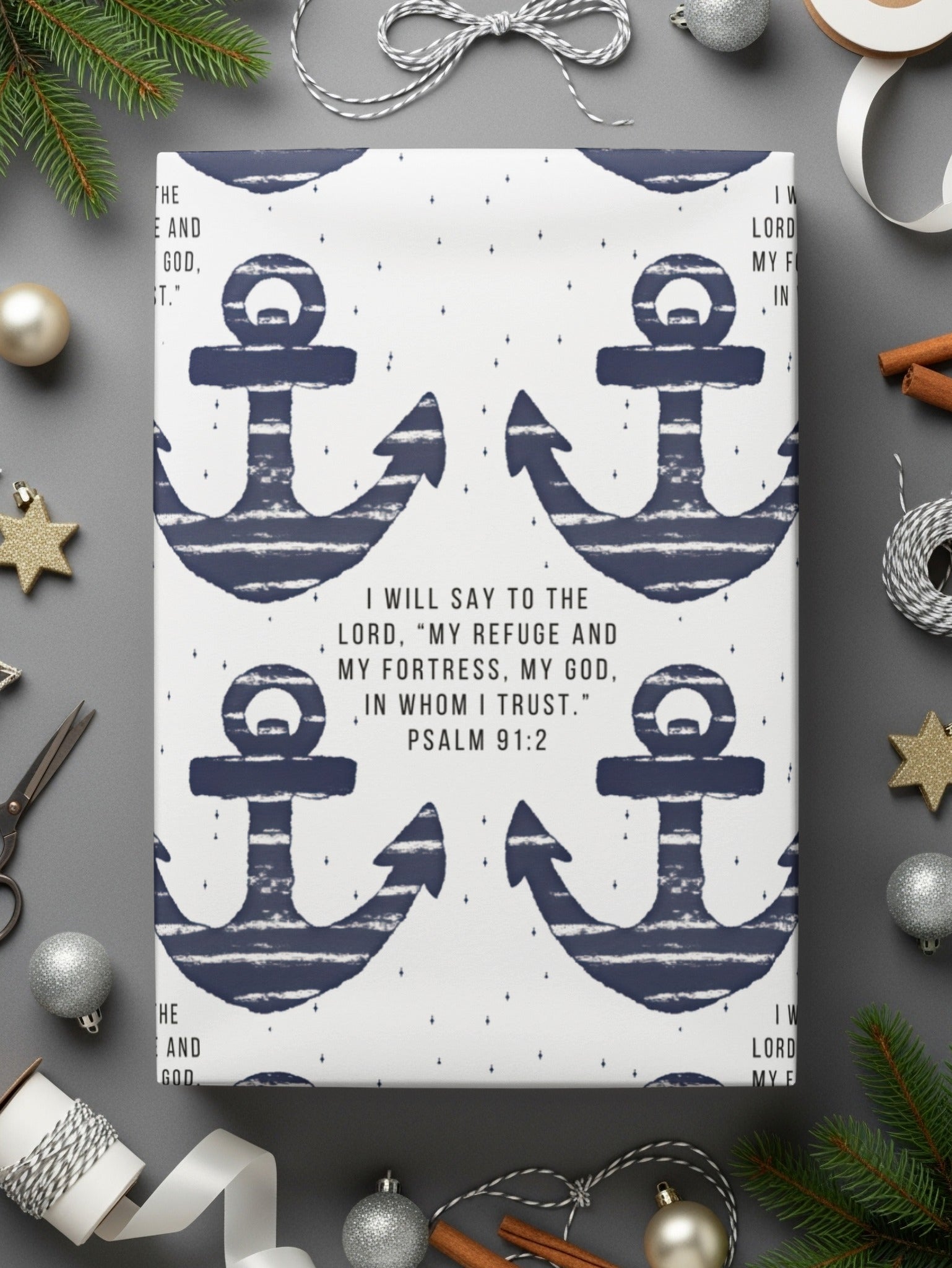 Nautical Psalm 91:2 Anchor Design Wrapping Paper