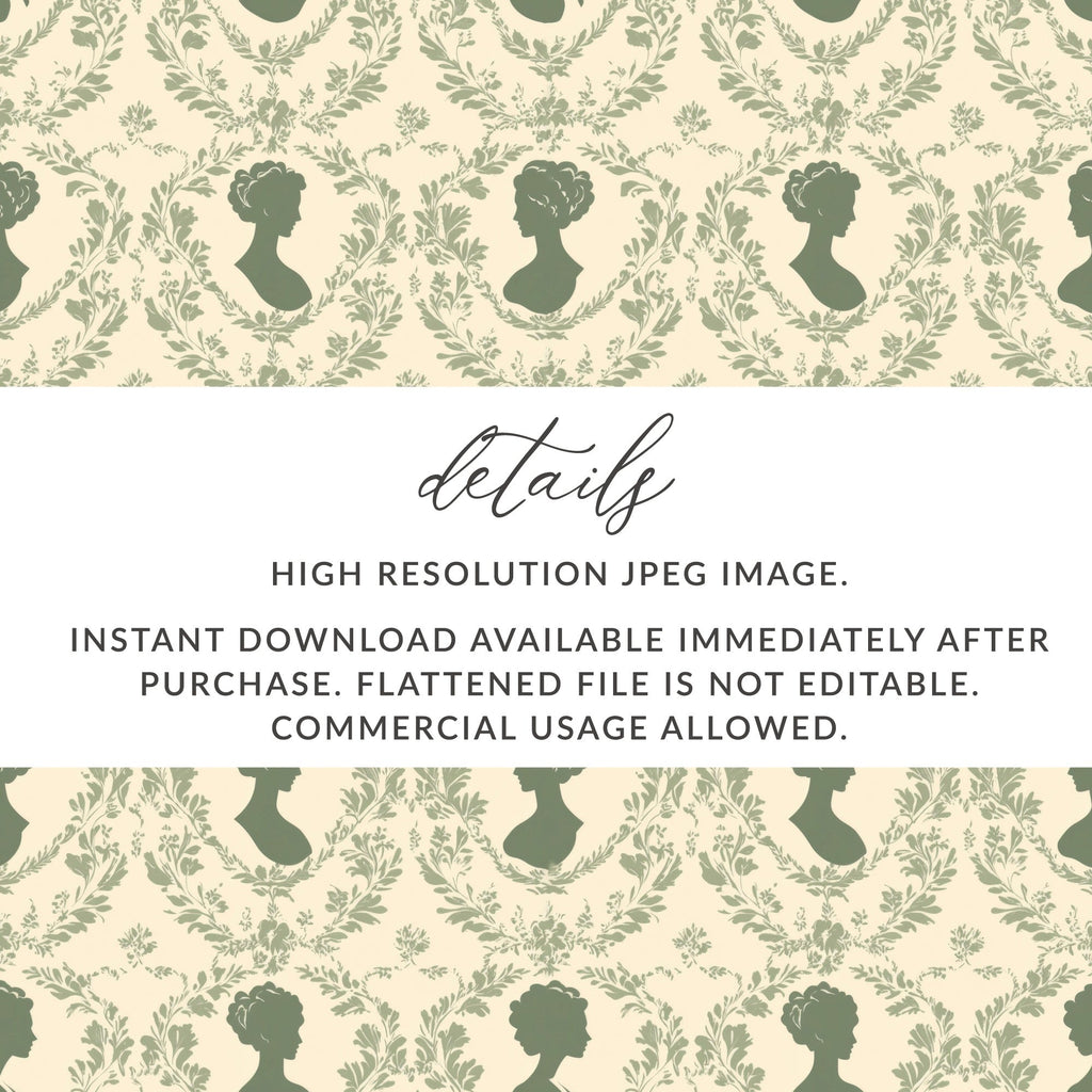 Antique Silhouette Digital Paper, Cameo Pattern, Seamless Floral Repeat, Sage Green Design, 12x12 JPEG Files, Digital Download - Moore and Mountain