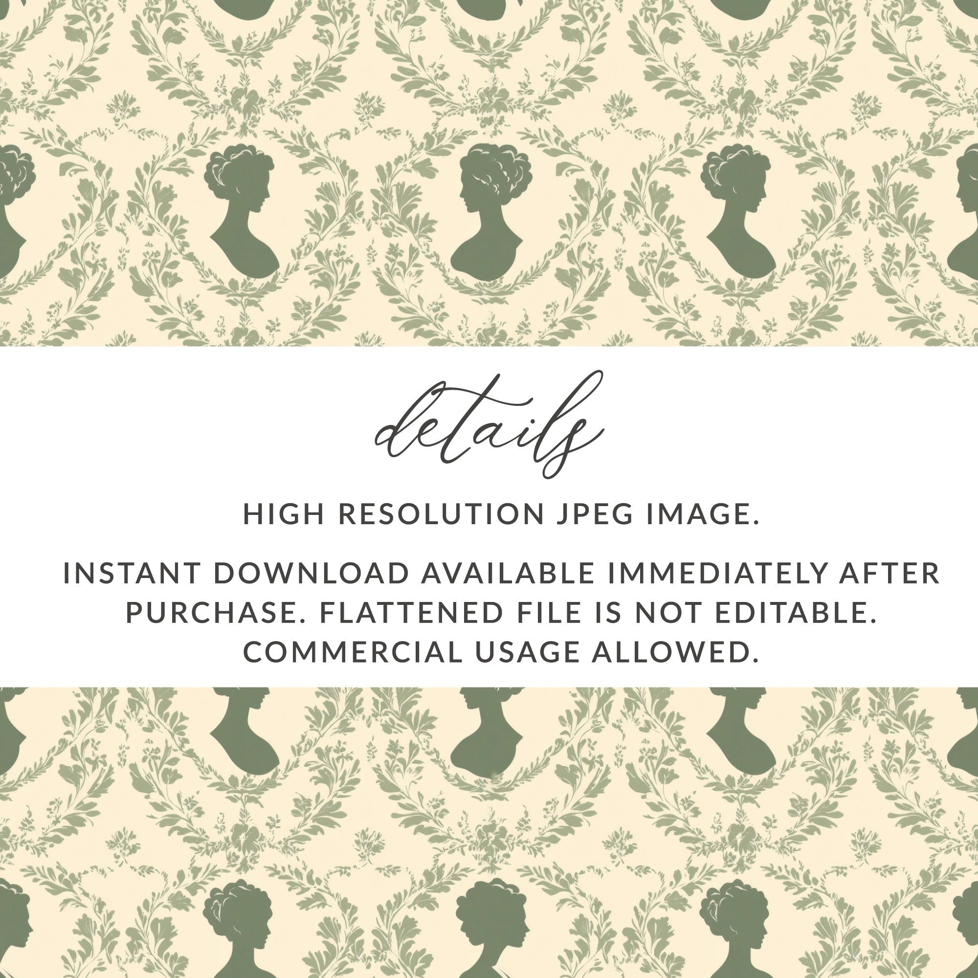 Antique Silhouette Digital Paper, Cameo Pattern, Seamless Floral Repeat, Sage Green Design, 12x12 JPEG Files, Digital Download - Moore and Mountain