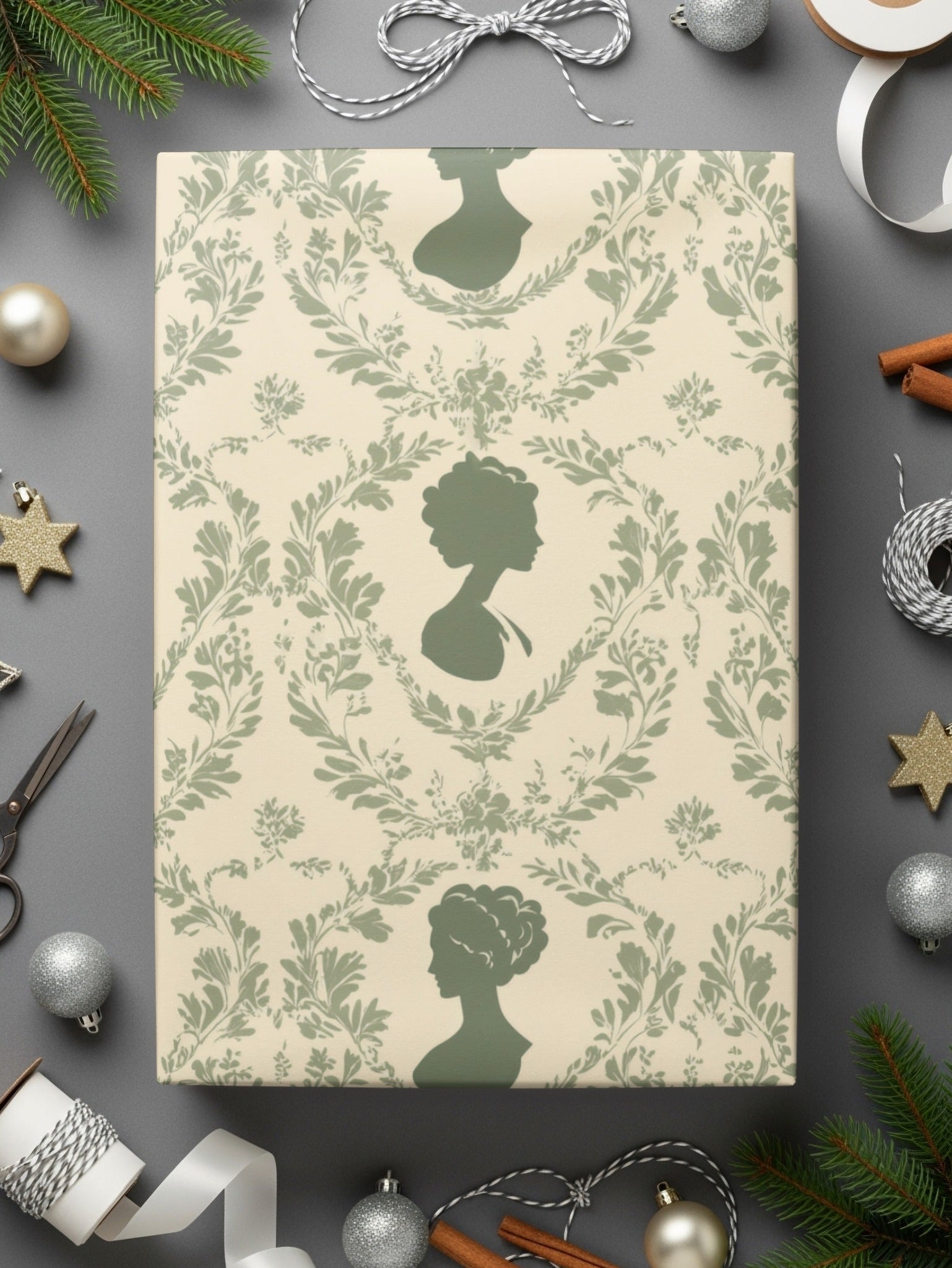 Antique Silhouette Digital Paper, Cameo Pattern, Seamless Floral Repeat, Sage Green Design, 12x12 JPEG Files, Digital Download - Moore and Mountain