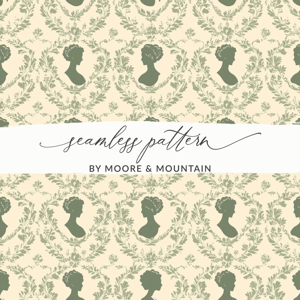 Antique Silhouette Digital Paper, Cameo Pattern, Seamless Floral Repeat, Sage Green Design, 12x12 JPEG Files, Digital Download - Moore and Mountain