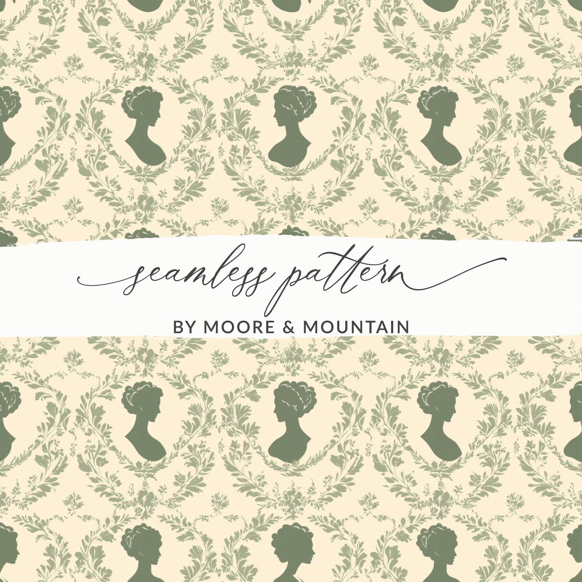 Antique Silhouette Digital Paper, Cameo Pattern, Seamless Floral Repeat, Sage Green Design, 12x12 JPEG Files, Digital Download - Moore and Mountain