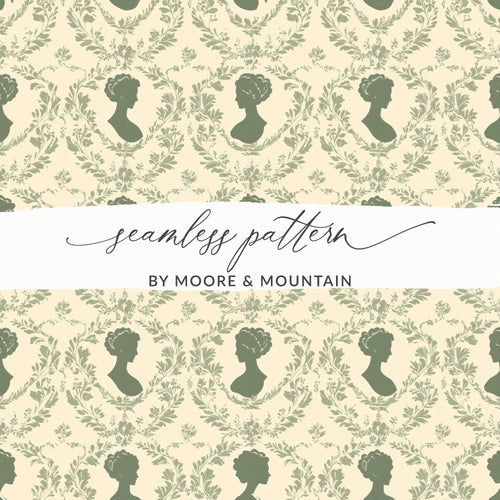 Antique Silhouette Digital Paper, Cameo Pattern, Seamless Floral Repeat, Sage Green Design, 12x12 JPEG Files, Digital Download - Moore and Mountain