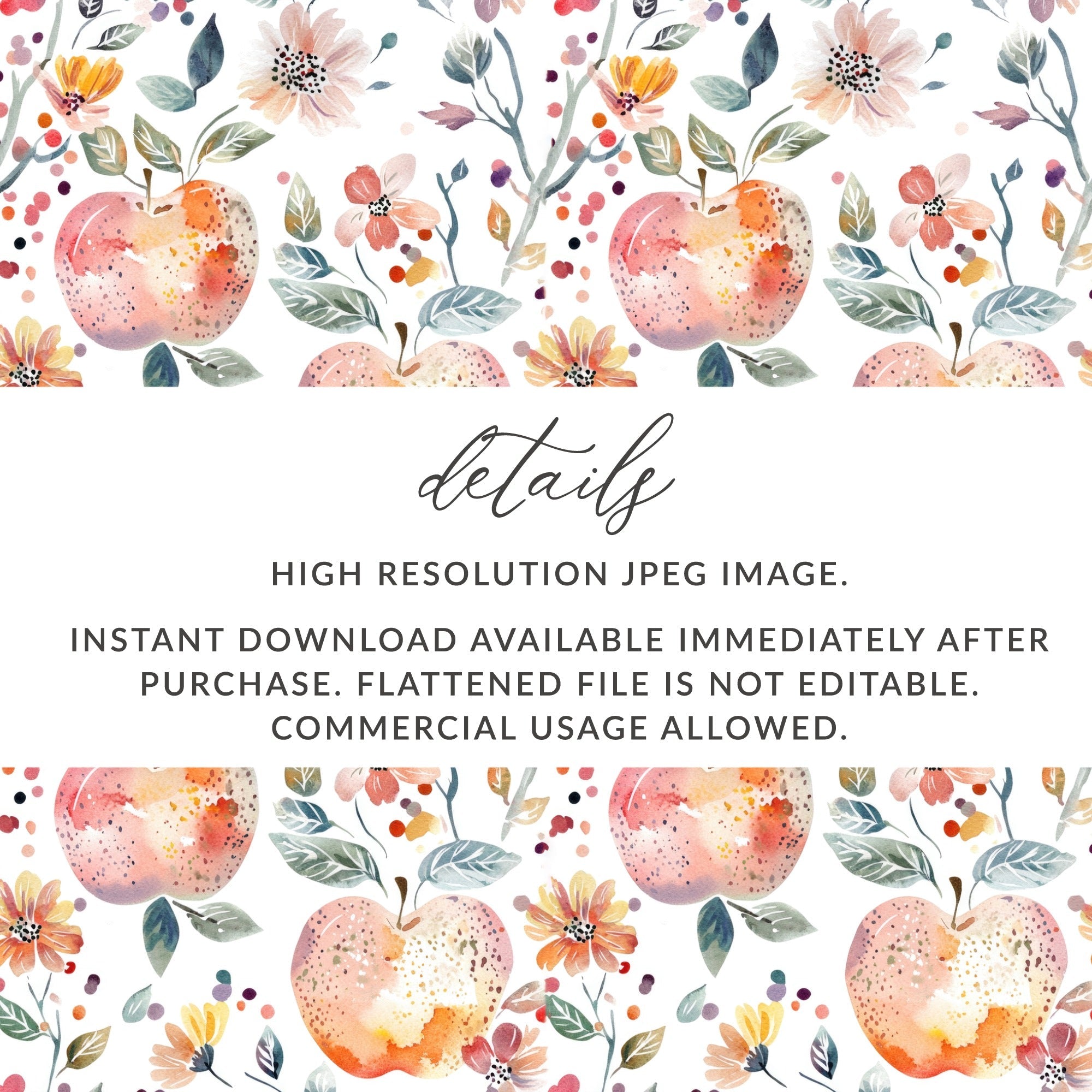 Apple Floral Digital Paper, Watercolor Seamless Pattern, Fruit Garden Print, Rustic Texture, Printable Art, Digital Download, for Fabric - Moore and Mountain