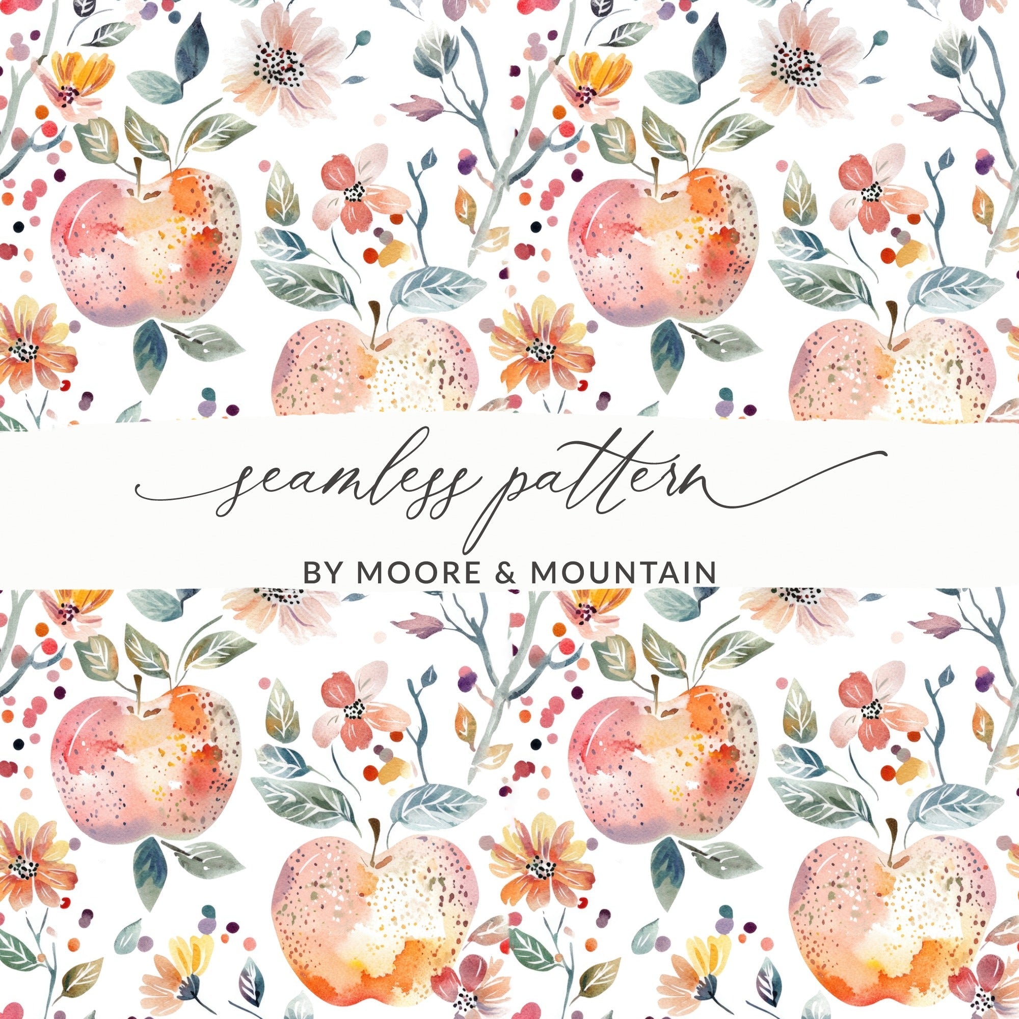 Apple Floral Digital Paper, Watercolor Seamless Pattern, Fruit Garden Print, Rustic Texture, Printable Art, Digital Download, for Fabric - Moore and Mountain
