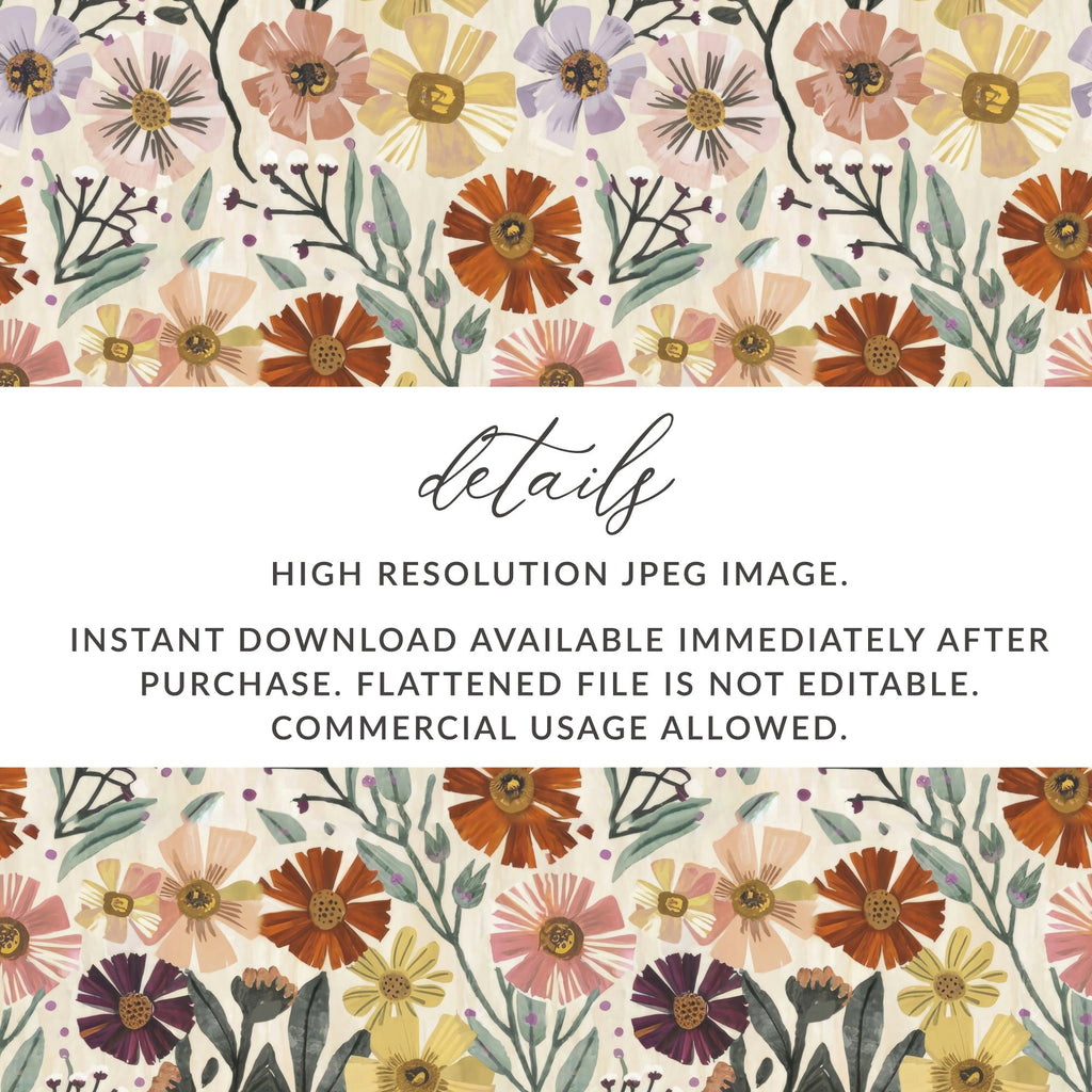Autumn Floral Digital Paper, Fall Flower Pattern, Boho Watercolor Design, Printable Seamless Background, Purple, Yellow, Orange, Pink - Moore and Mountain