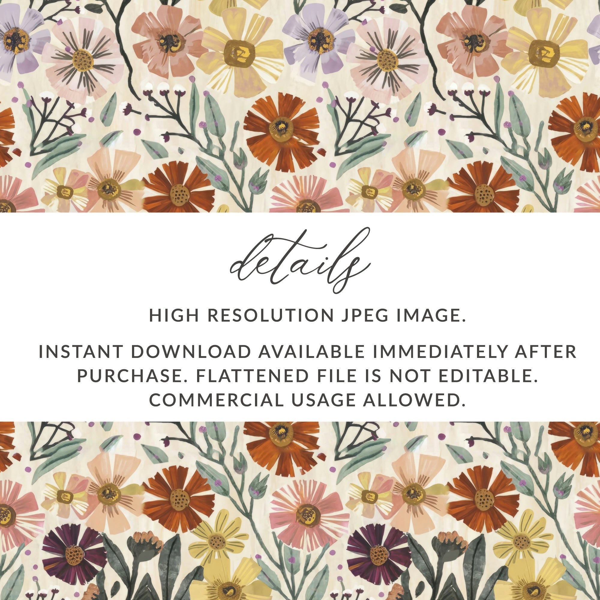 Autumn Floral Digital Paper, Fall Flower Pattern, Boho Watercolor Design, Printable Seamless Background, Purple, Yellow, Orange, Pink - Moore and Mountain