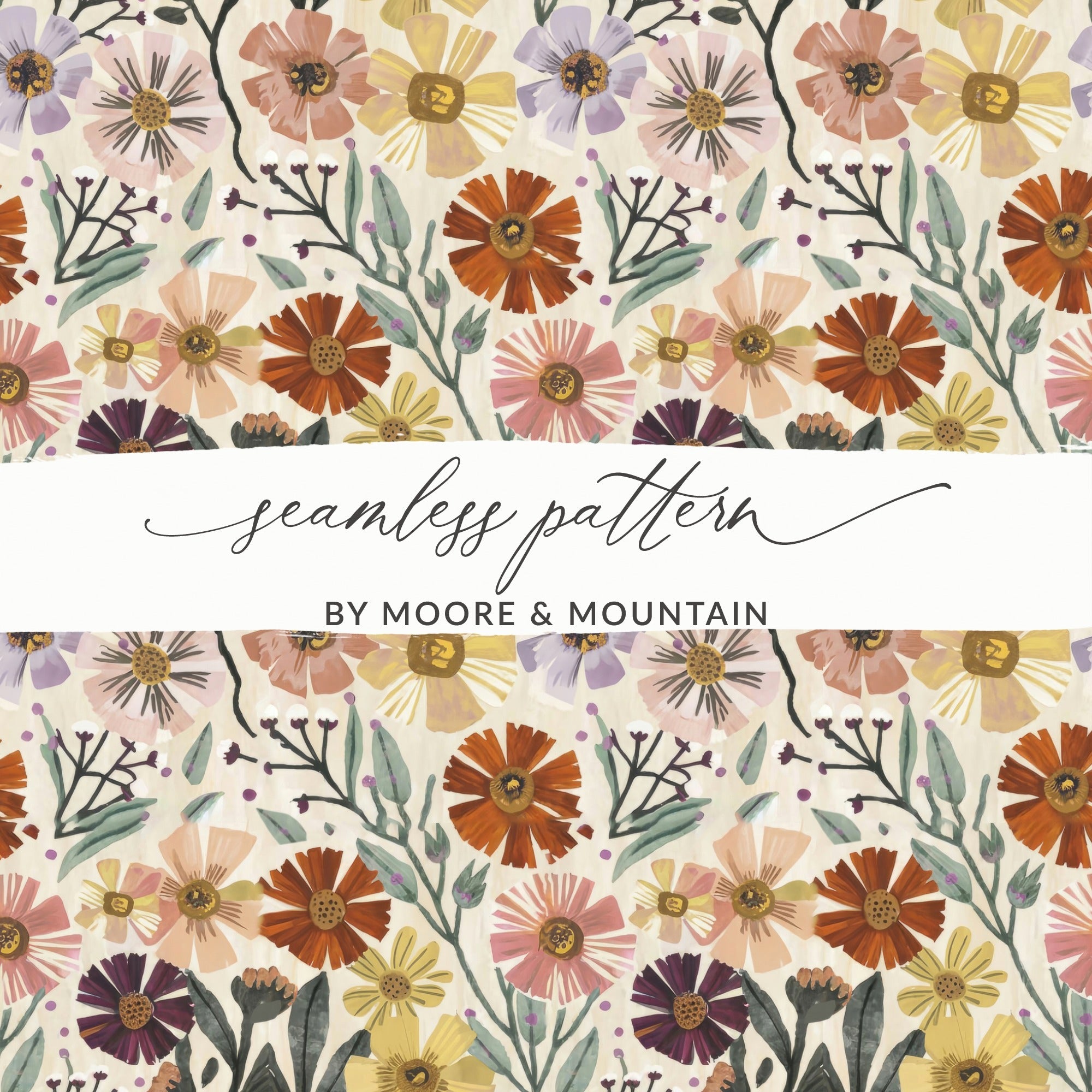 Autumn Floral Digital Paper, Fall Flower Pattern, Boho Watercolor Design, Printable Seamless Background, Purple, Yellow, Orange, Pink - Moore and Mountain