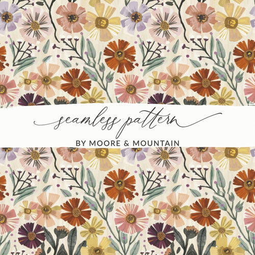 Autumn Floral Digital Paper, Fall Flower Pattern, Boho Watercolor Design, Printable Seamless Background, Purple, Yellow, Orange, Pink - Moore and Mountain