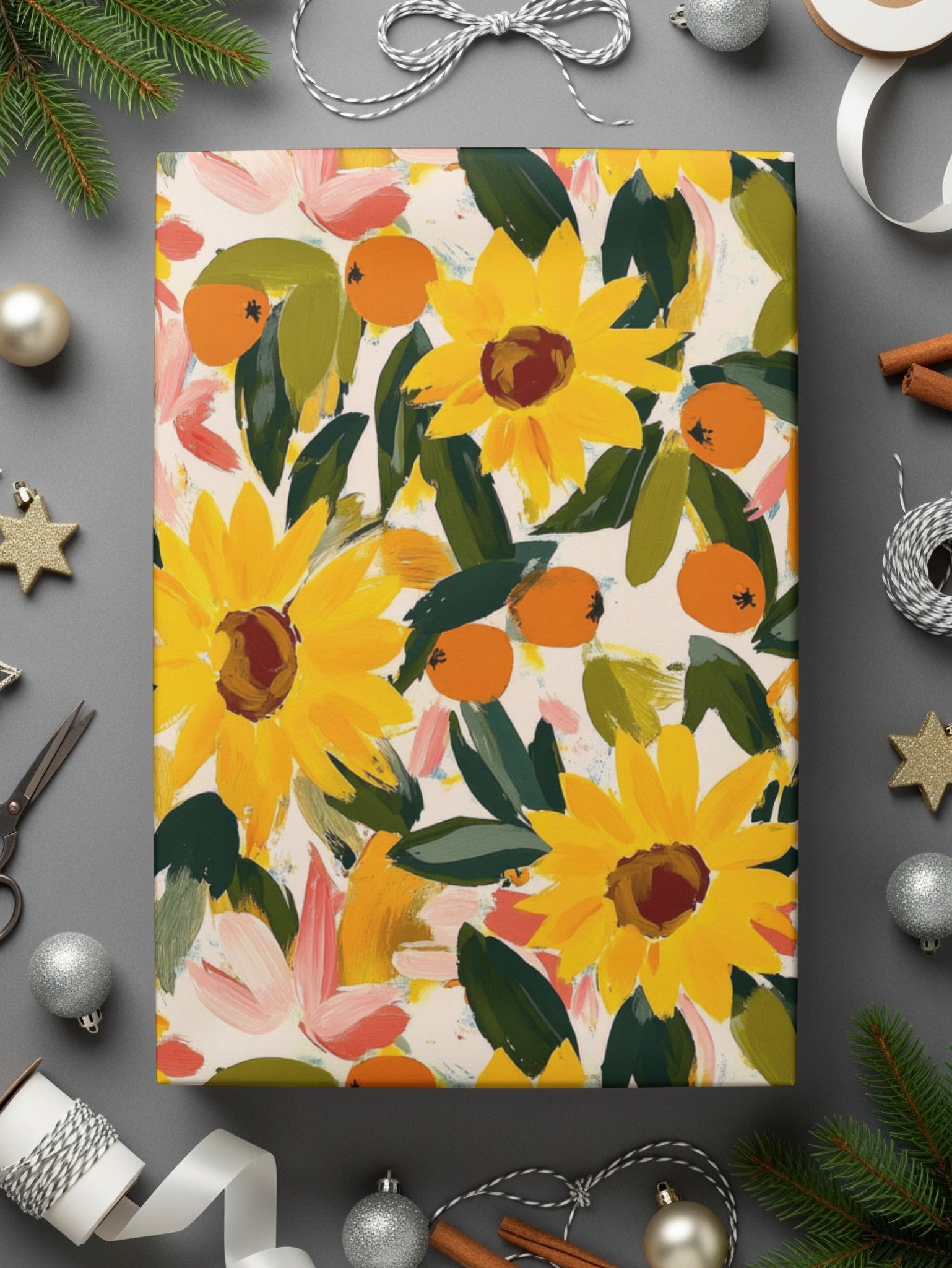 Festive Sunflower and Orange Floral Wrapping Paper
