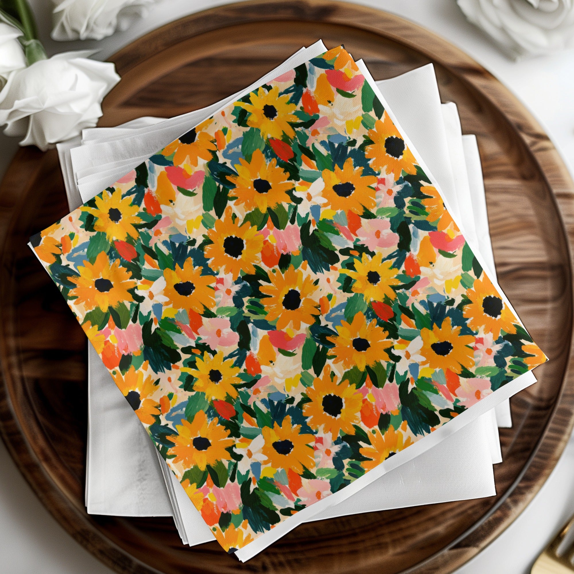 Colorful Sunflower and Floral Design Dining Napkin