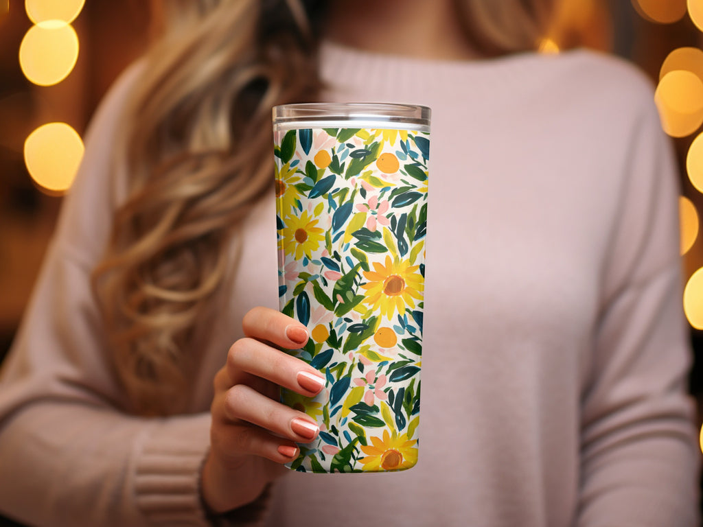 Floral Pattern Travel Tumbler with Sunflowers Design