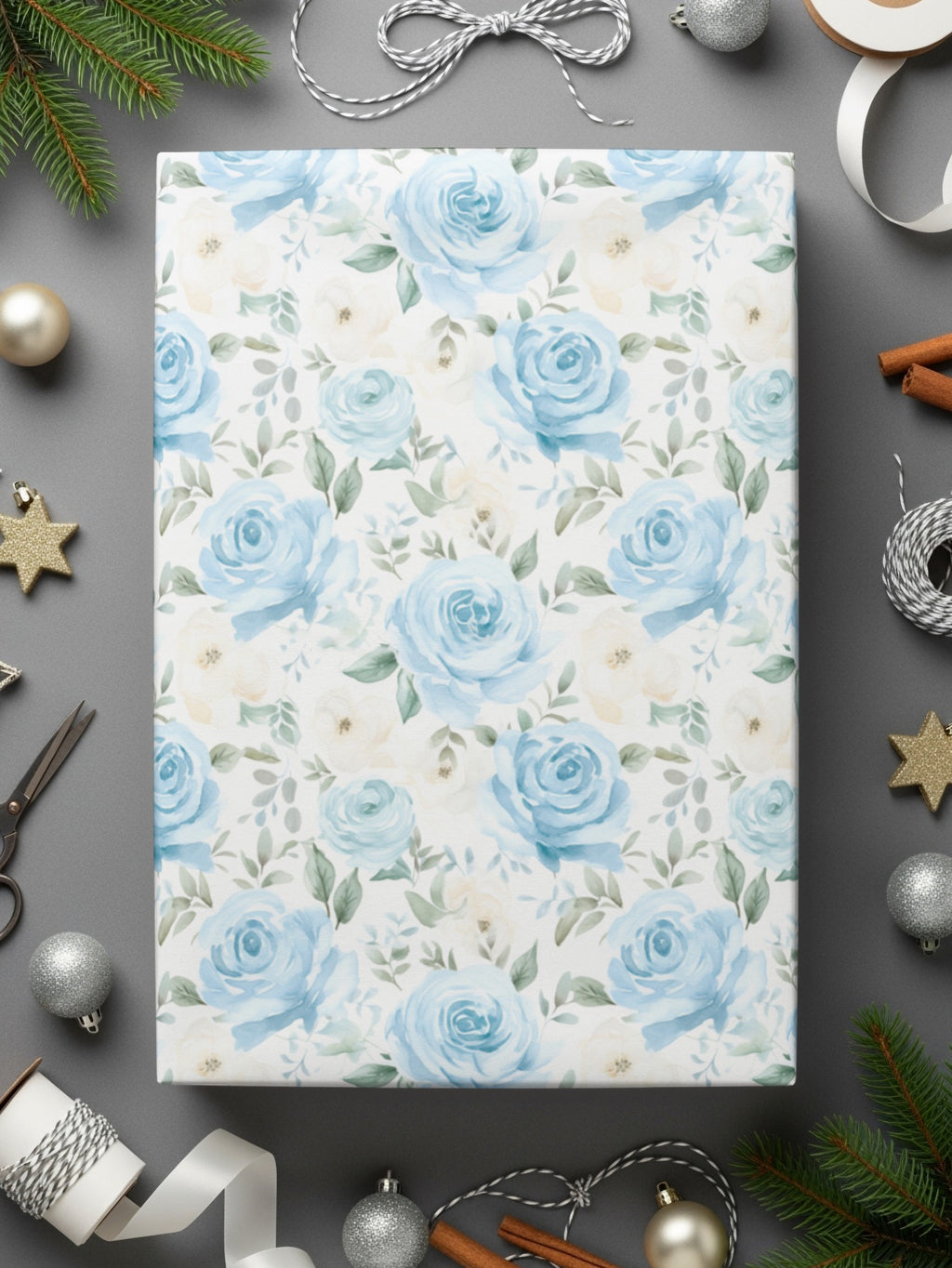 Elegant Blue Floral Print Gift Wrapping Paper Roll