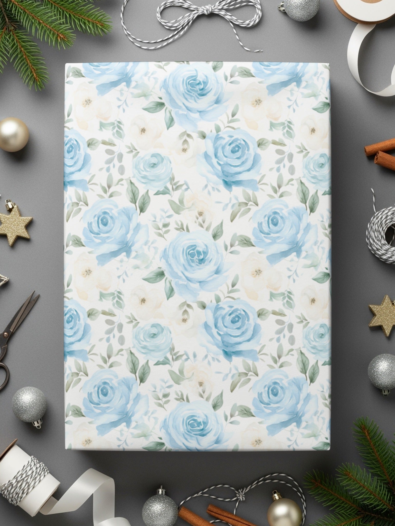 Elegant Blue Floral Print Gift Wrapping Paper Roll