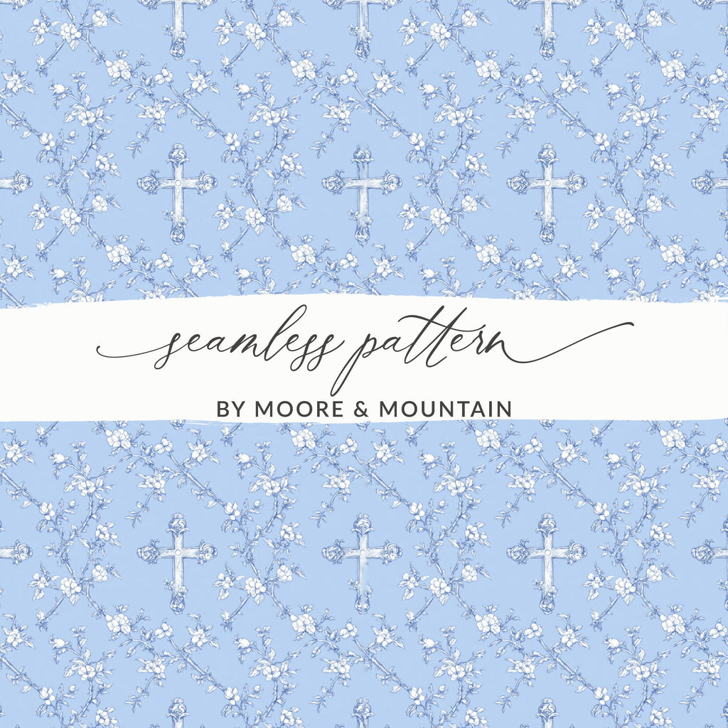 Baby Boy Christian Background With Crosses for Boys, Blue Floral Cross Seamless Pattern Texture Download Includes - Moore and Mountain