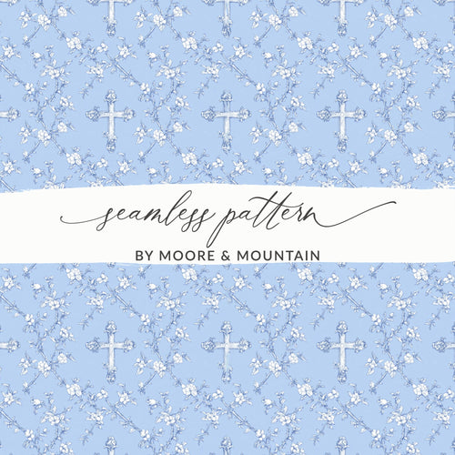 Baby Boy Christian Background With Crosses for Boys, Blue Floral Cross Seamless Pattern Texture Download Includes - Moore and Mountain