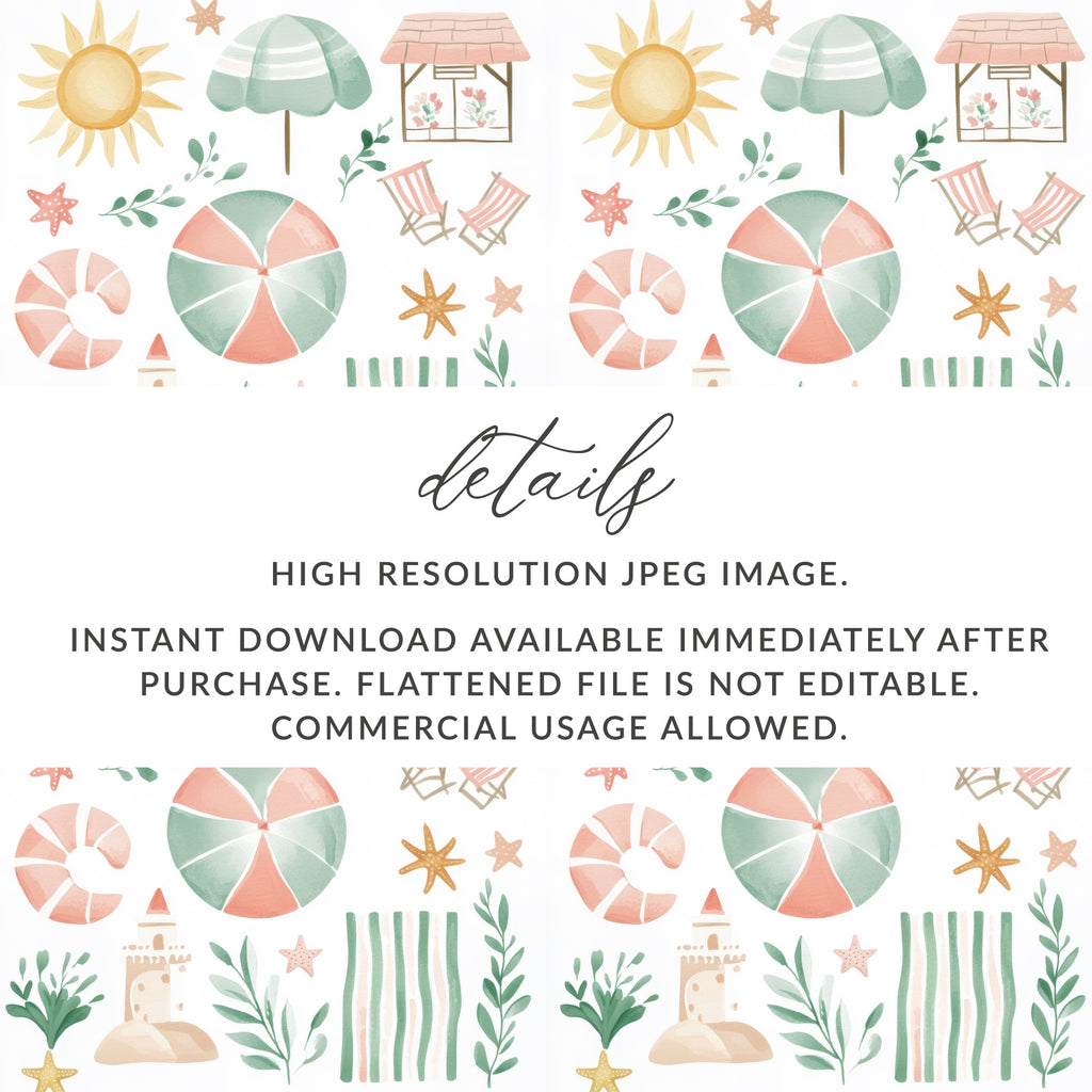 Watercolor Beach Elements Instant Download JPEG Image