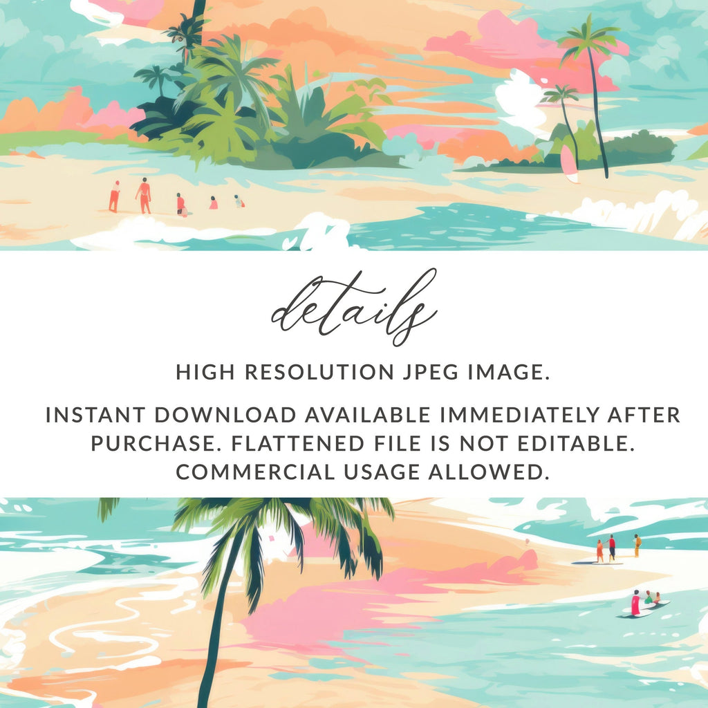 Beachy Seamless Pattern, Digital Tropical Summer Illustration, Summer Vibes Graphic, Beach, Palm Trees, Surfing, Digital Paper, Fabric Design - Moore and Mountain