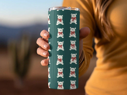 Bear Digital Pattern, Seamless Pattern, Cute Animal Print, Repeating Polar Bear Design, Forest Green Background, Bear with Red Bow - Moore and Mountain