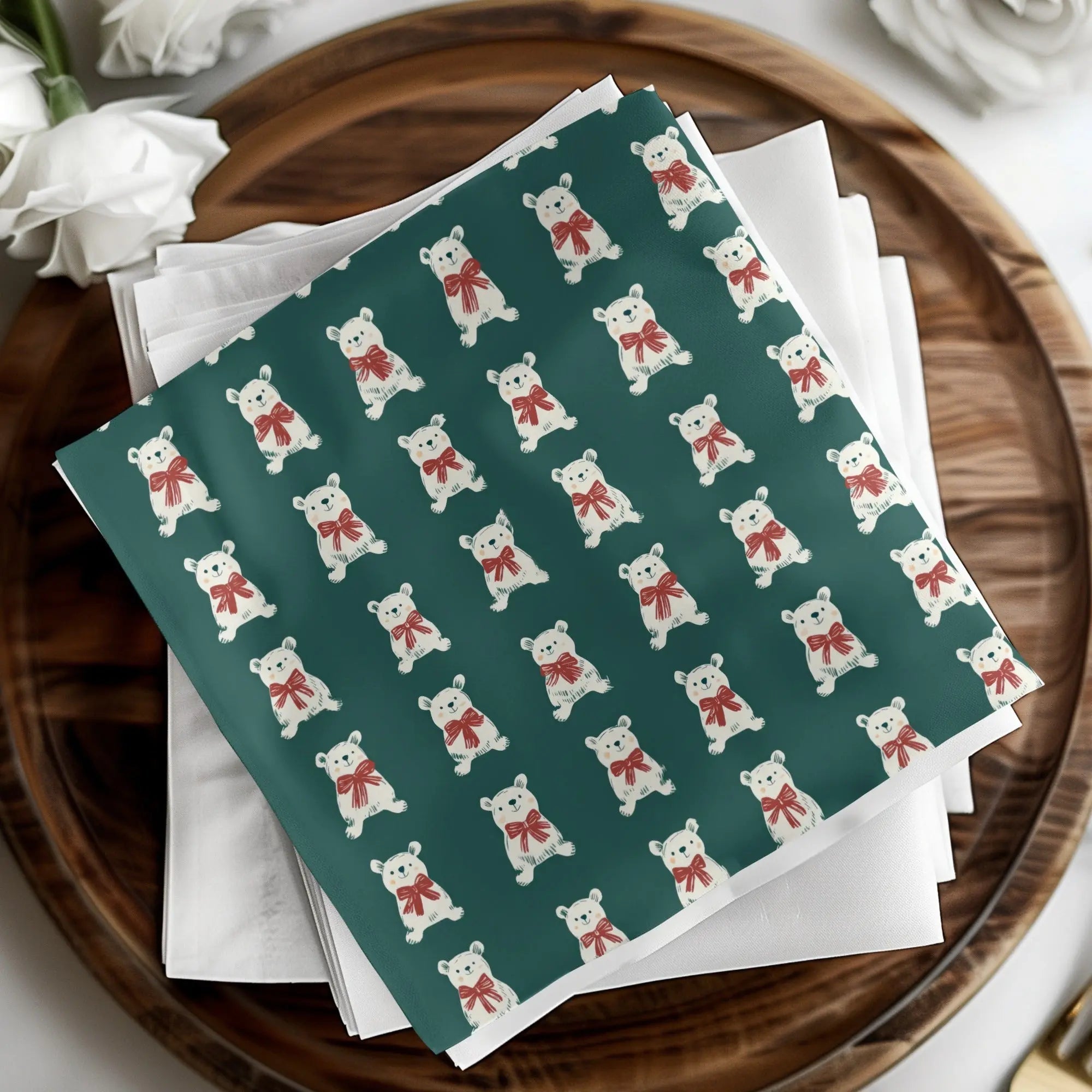 Bear Digital Pattern, Seamless Pattern, Cute Animal Print, Repeating Polar Bear Design, Forest Green Background, Bear with Red Bow - Moore and Mountain