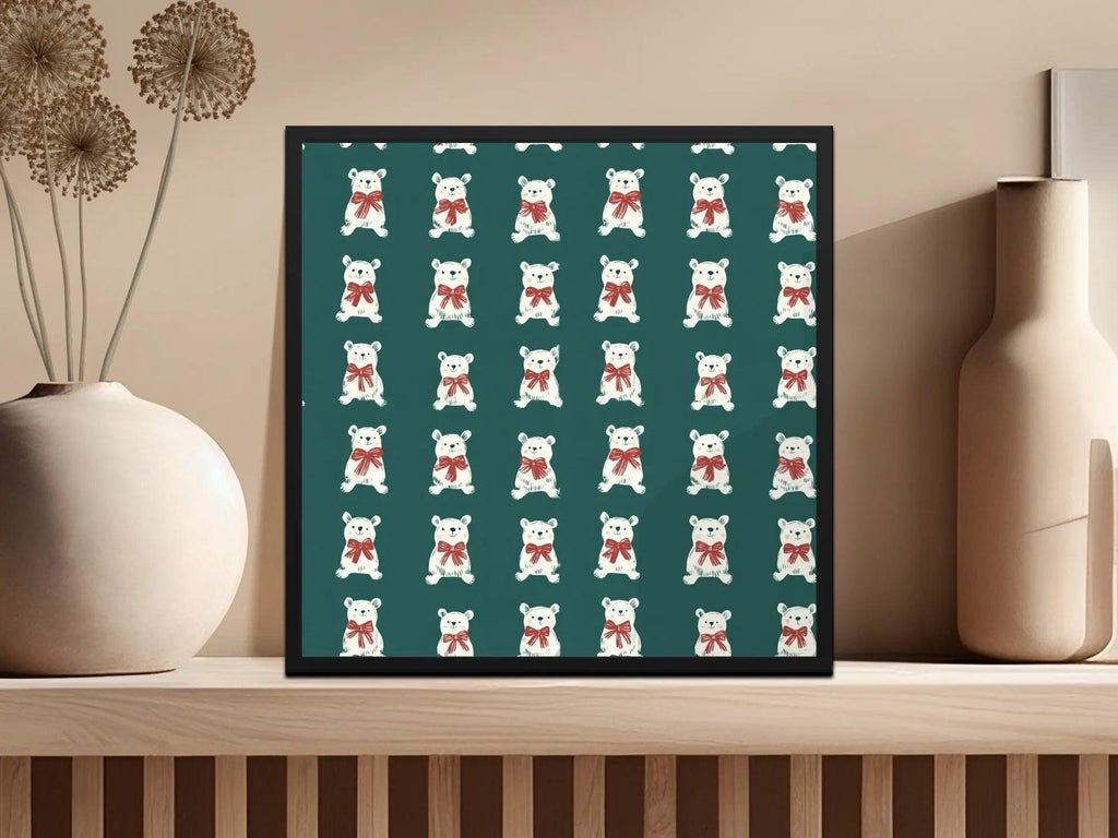Bear Digital Pattern, Seamless Pattern, Cute Animal Print, Repeating Polar Bear Design, Forest Green Background, Bear with Red Bow - Moore and Mountain