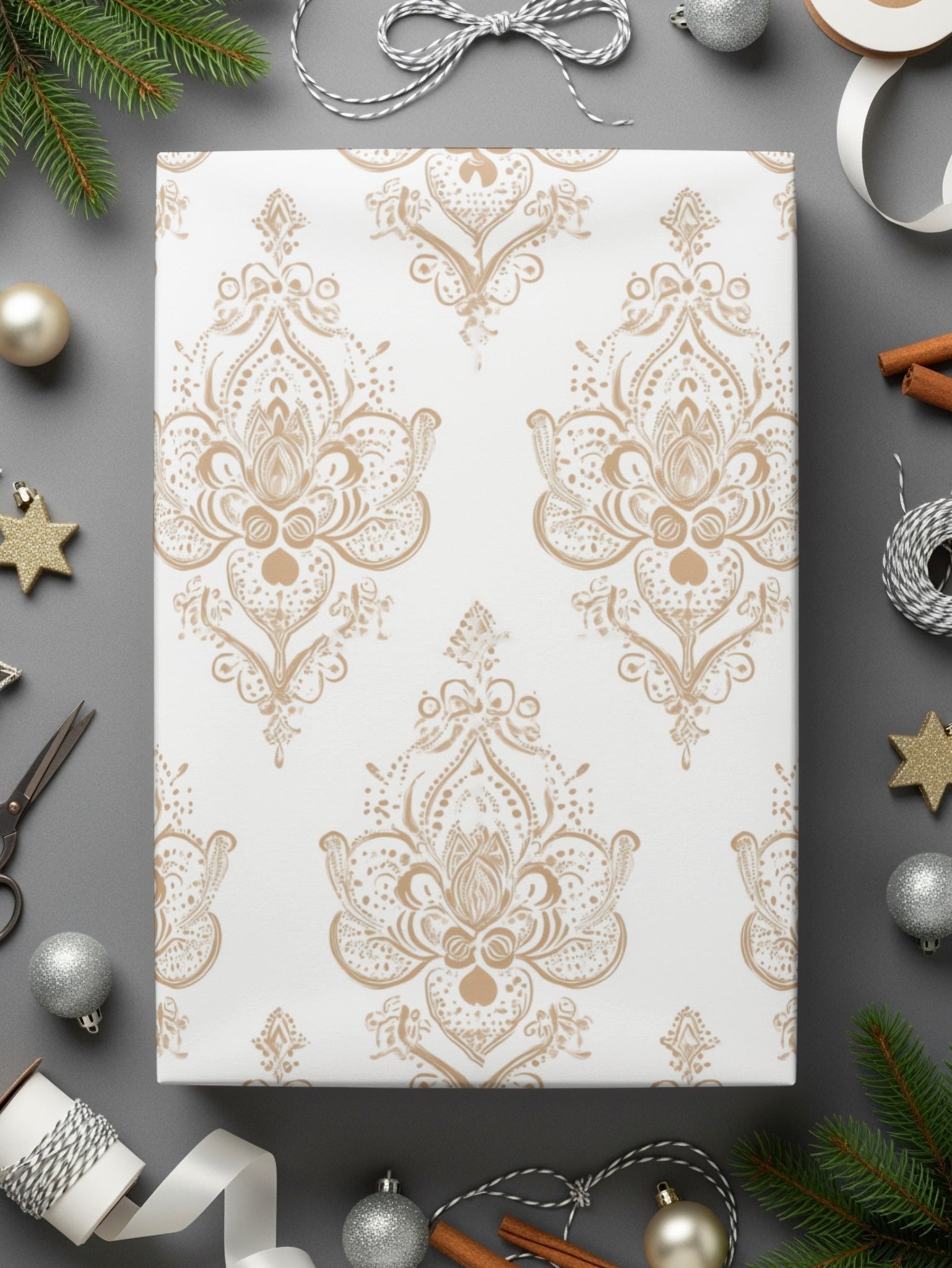 Beige Damask Digital Paper, Seamless Pattern, Neutral Background, Printable Fabric Pattern, Scrapbook Paper, Digital Download - Moore and Mountain