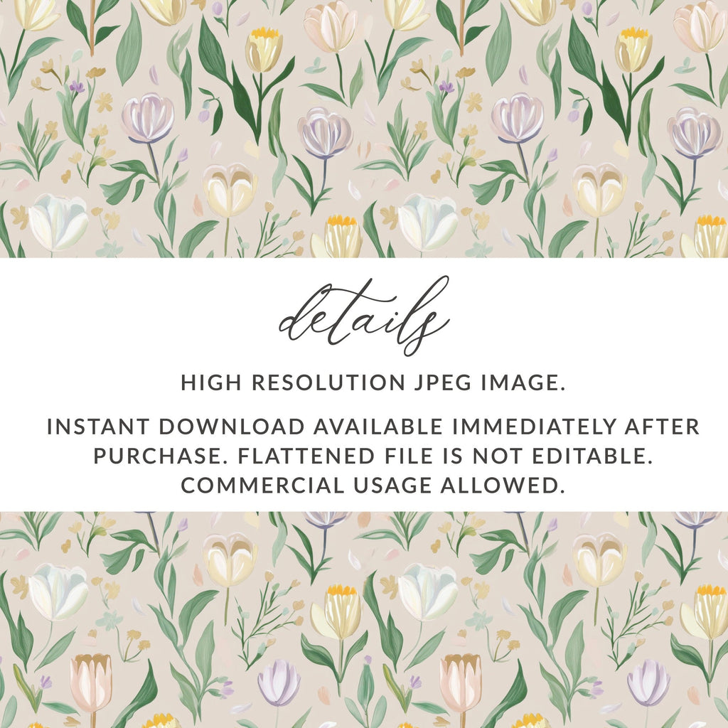Beige Floral Digital Paper, Watercolor Tulip Pattern, Spring Flower Print, Neutral Seamless Background, Aesthetic Design, for Crafts, Fabric - Moore and Mountain