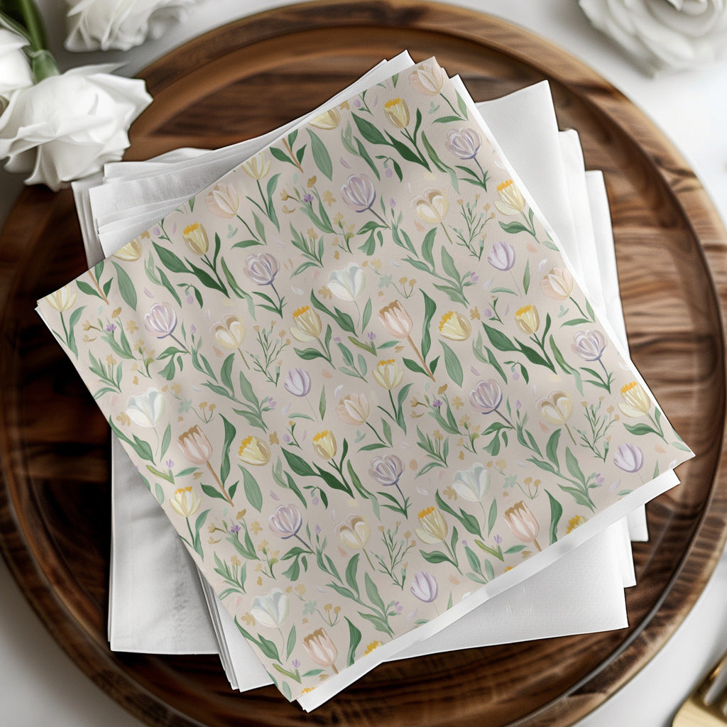 Beige Floral Digital Paper, Watercolor Tulip Pattern, Spring Flower Print, Neutral Seamless Background, Aesthetic Design, for Crafts, Fabric - Moore and Mountain
