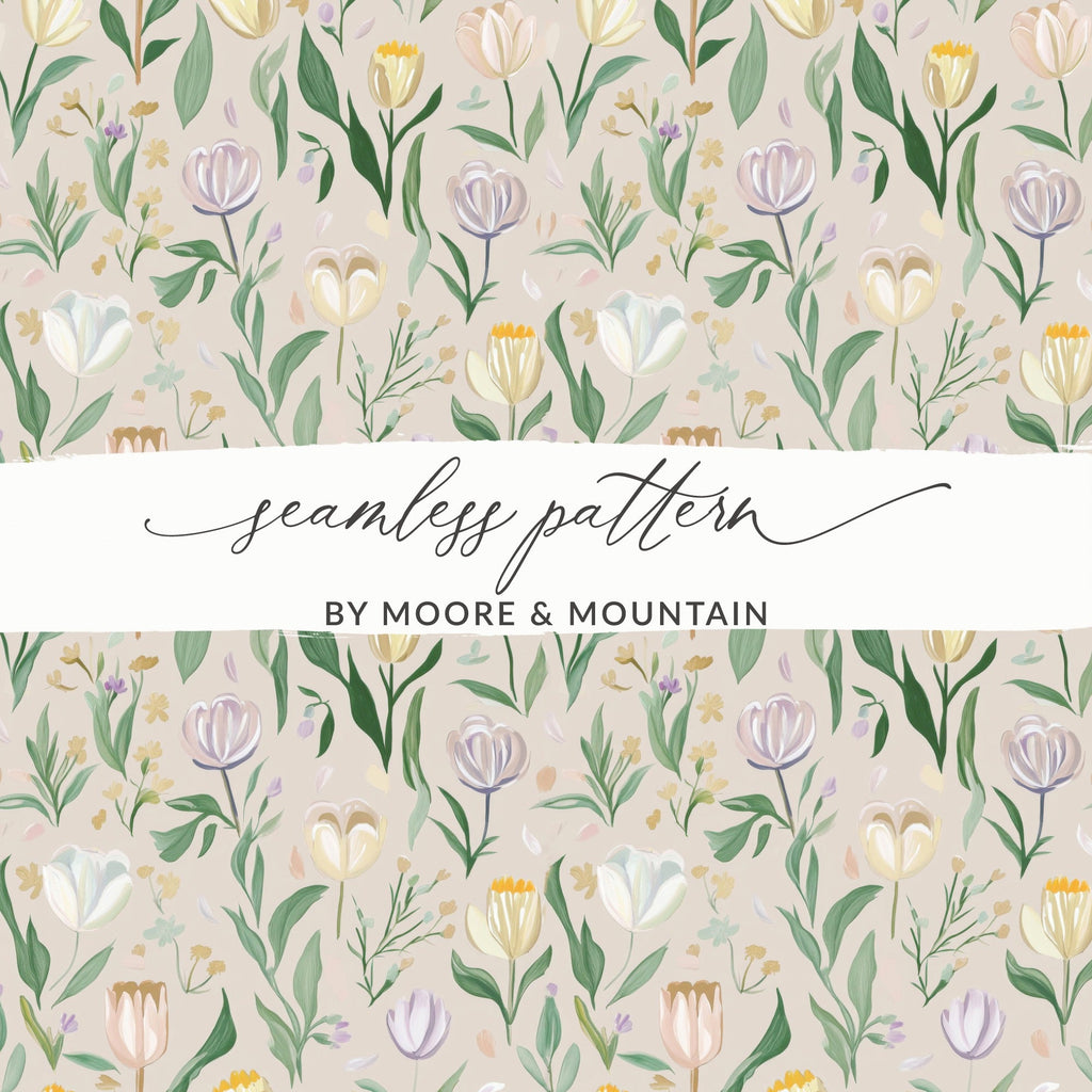 Beige Floral Digital Paper, Watercolor Tulip Pattern, Spring Flower Print, Neutral Seamless Background, Aesthetic Design, for Crafts, Fabric - Moore and Mountain