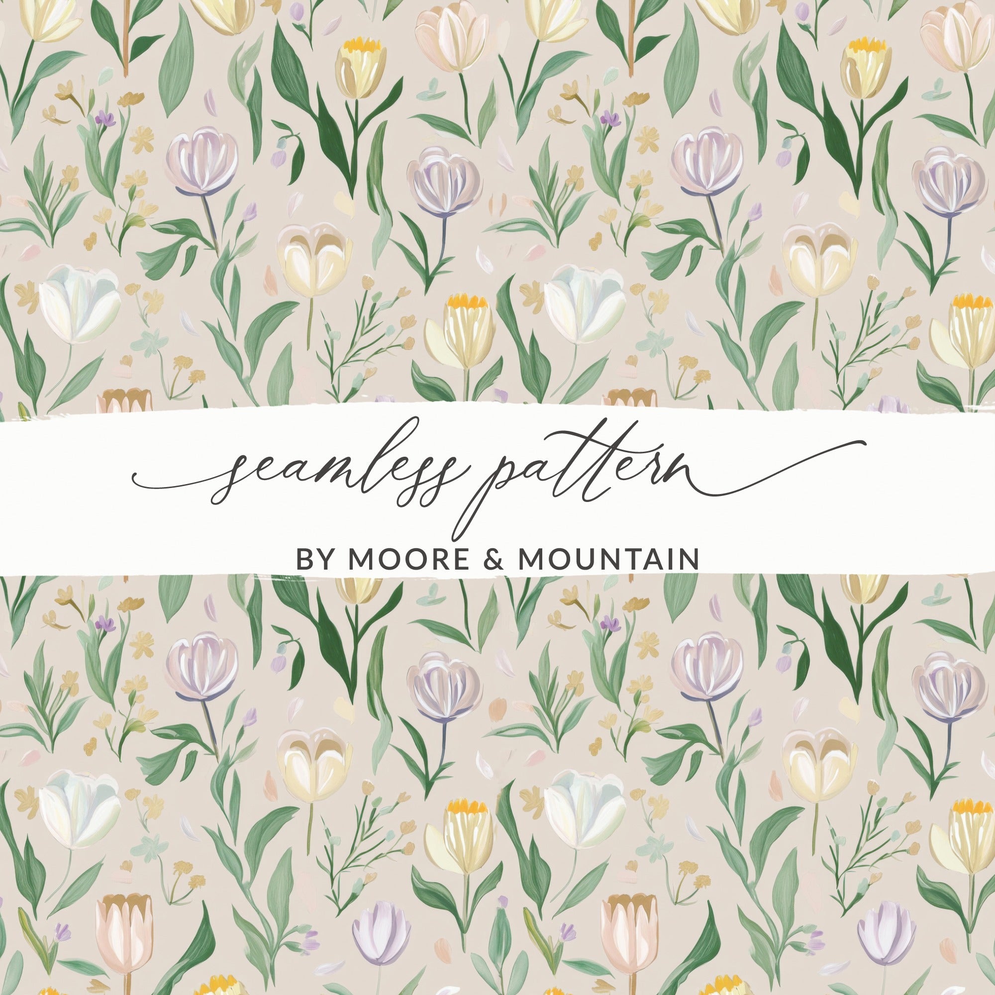 Beige Floral Digital Paper, Watercolor Tulip Pattern, Spring Flower Print, Neutral Seamless Background, Aesthetic Design, for Crafts, Fabric - Moore and Mountain