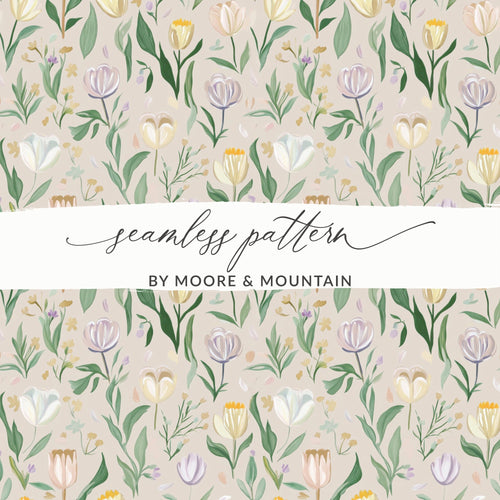 Beige Floral Digital Paper, Watercolor Tulip Pattern, Spring Flower Print, Neutral Seamless Background, Aesthetic Design, for Crafts, Fabric - Moore and Mountain
